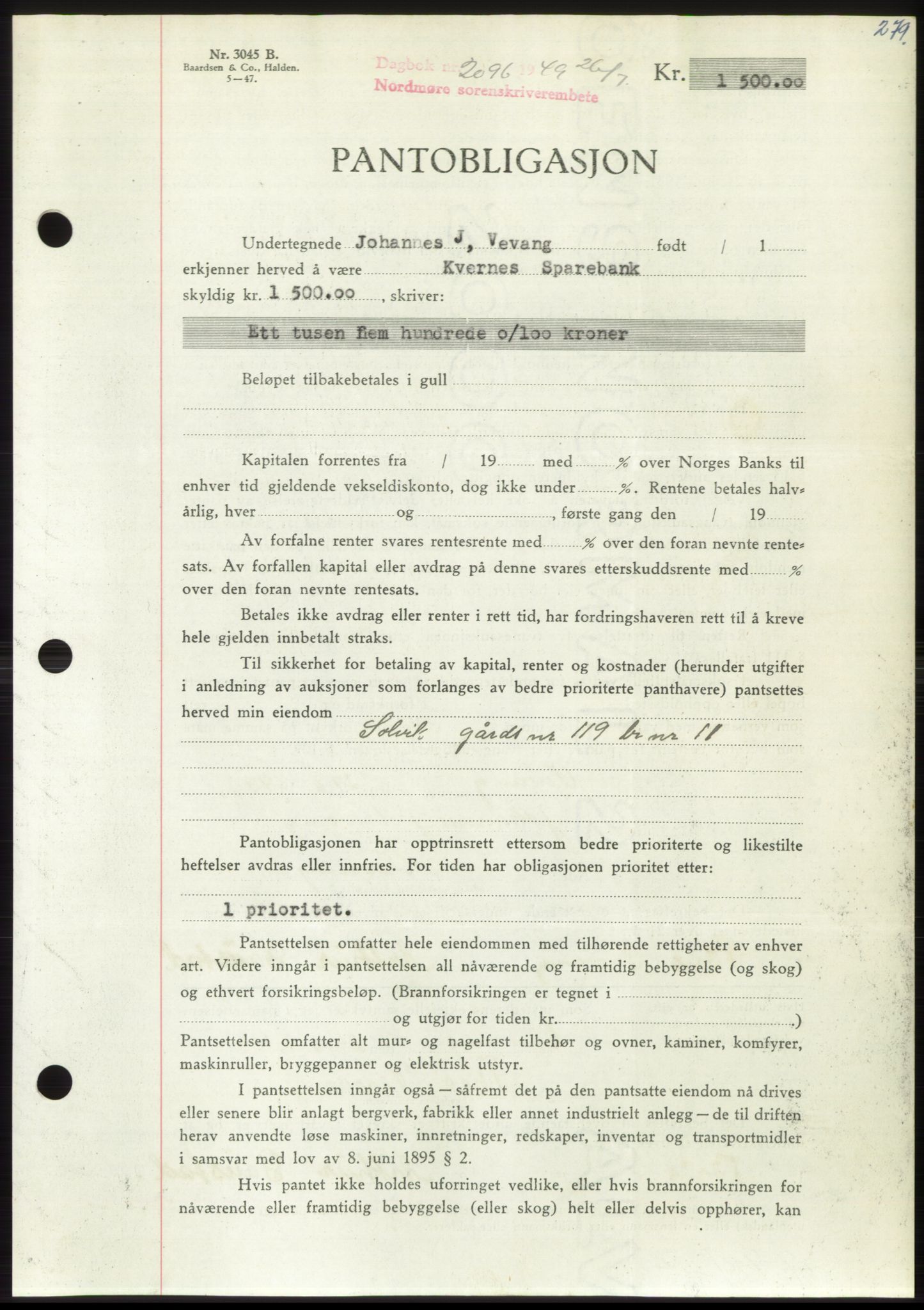 Nordmøre sorenskriveri, AV/SAT-A-4132/1/2/2Ca: Mortgage book no. B102, 1949-1949, Diary no: : 2096/1949