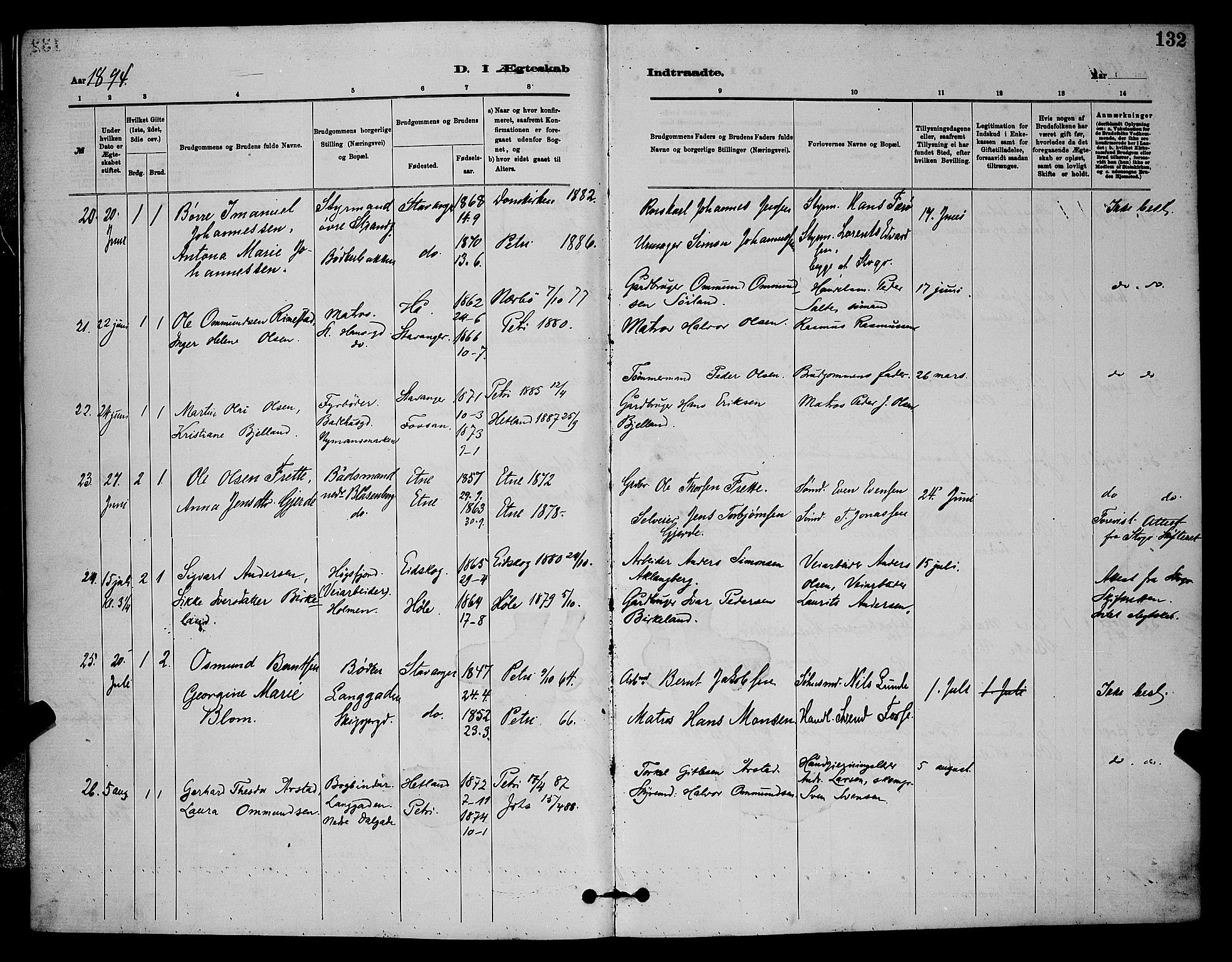 St. Johannes sokneprestkontor, AV/SAST-A-101814/001/30/30BB/L0001: Parish register (copy) no. B 1, 1885-1897, p. 132