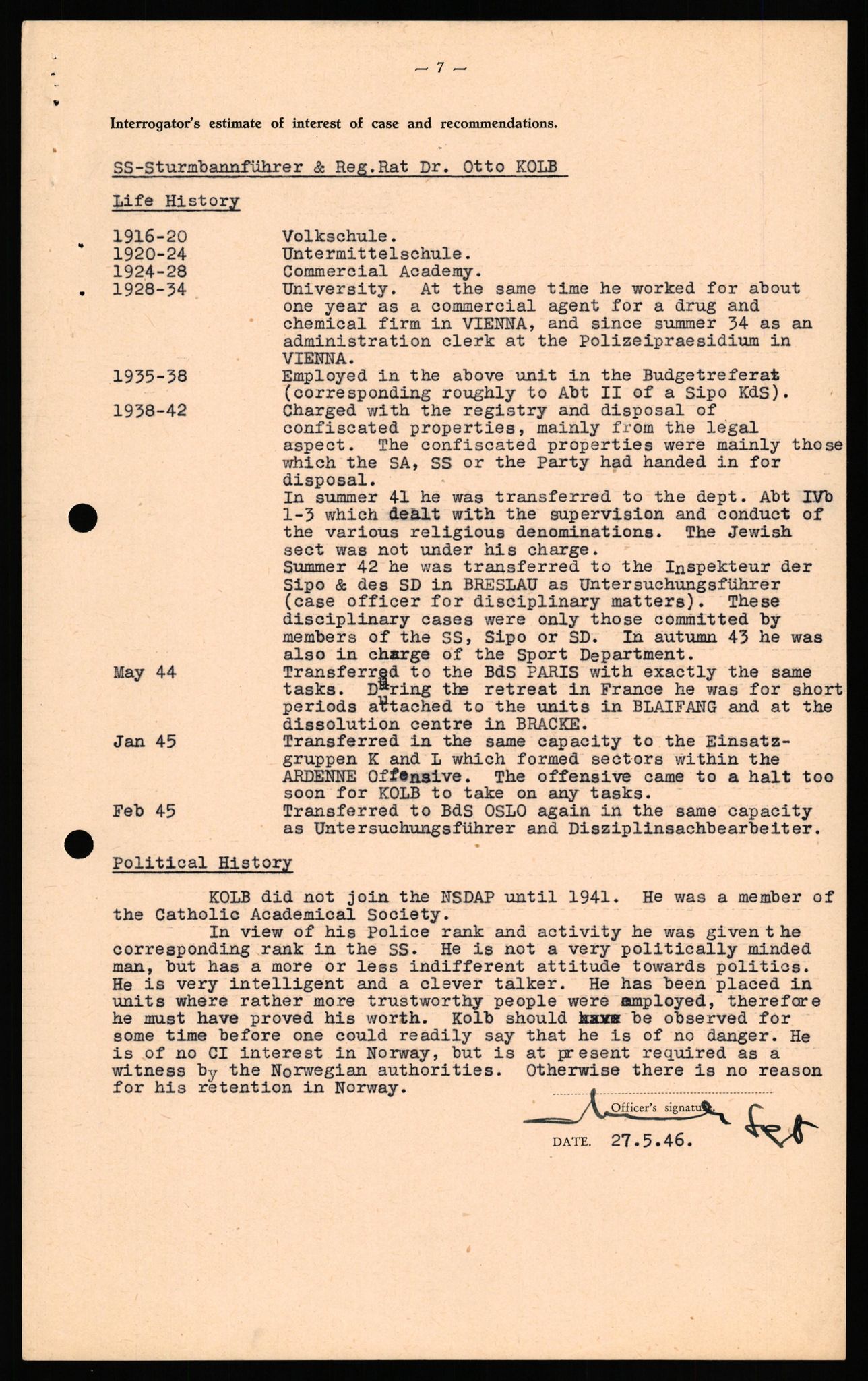 Forsvaret, Forsvarets overkommando II, AV/RA-RAFA-3915/D/Db/L0039: CI Questionaires. Tyske okkupasjonsstyrker i Norge. Østerrikere., 1945-1946, p. 201