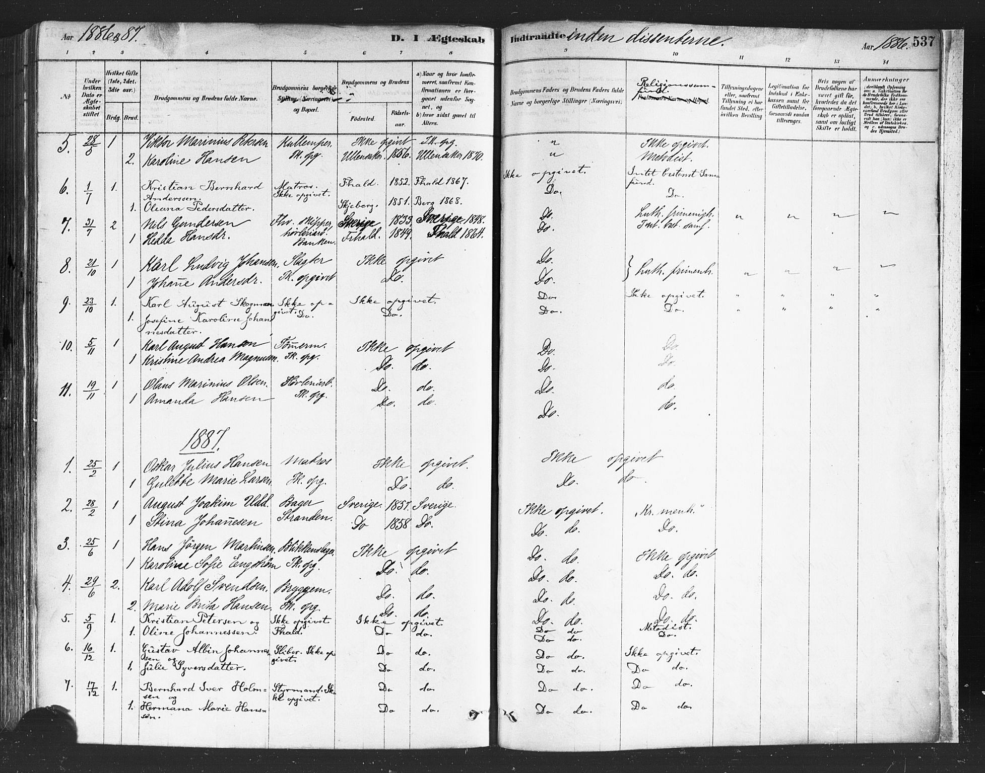Halden prestekontor Kirkebøker, SAO/A-10909/F/Fa/L0011: Parish register (official) no. I 11, 1878-1889, p. 537