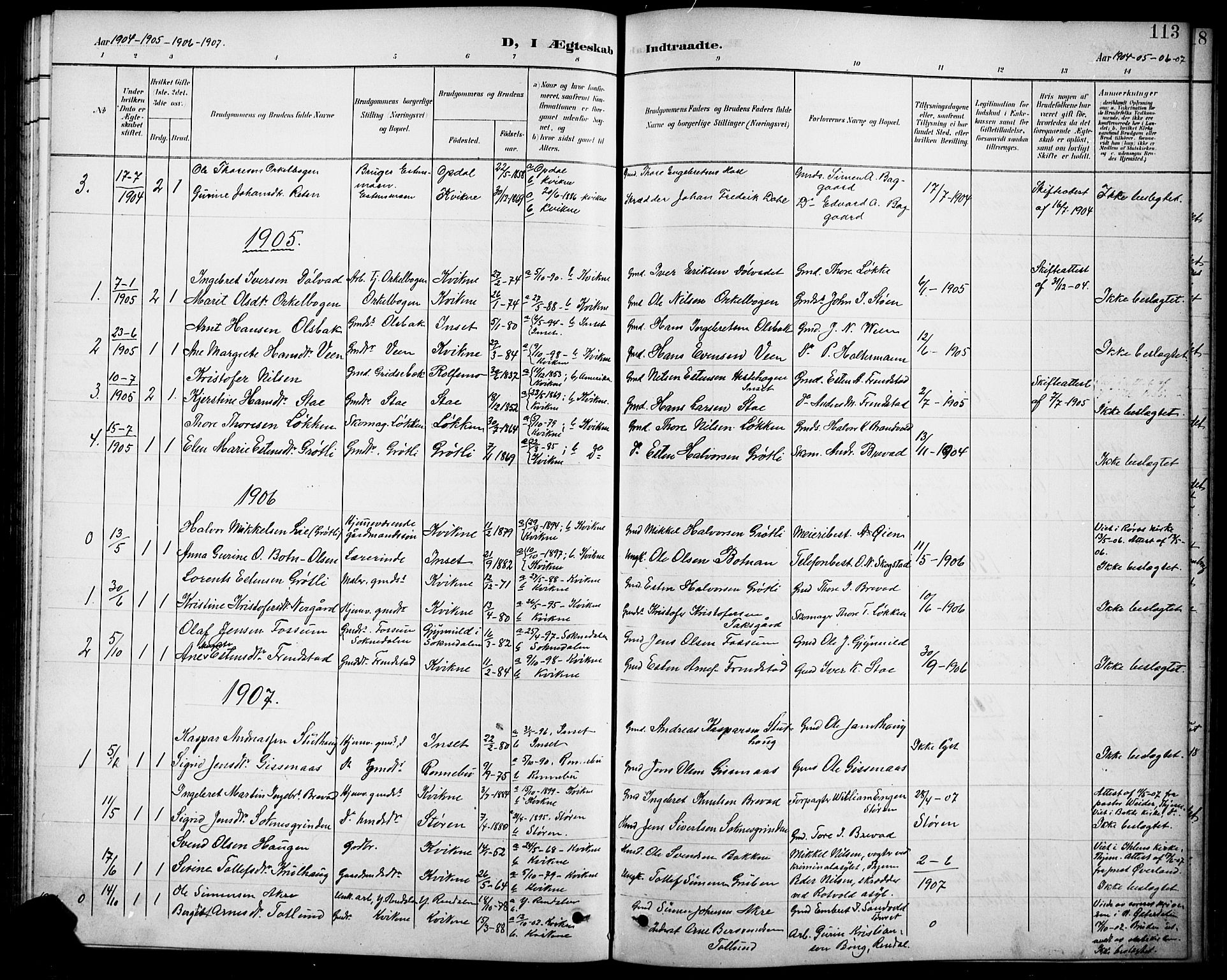Kvikne prestekontor, SAH/PREST-064/H/Ha/Hab/L0003: Parish register (copy) no. 3, 1896-1918, p. 113