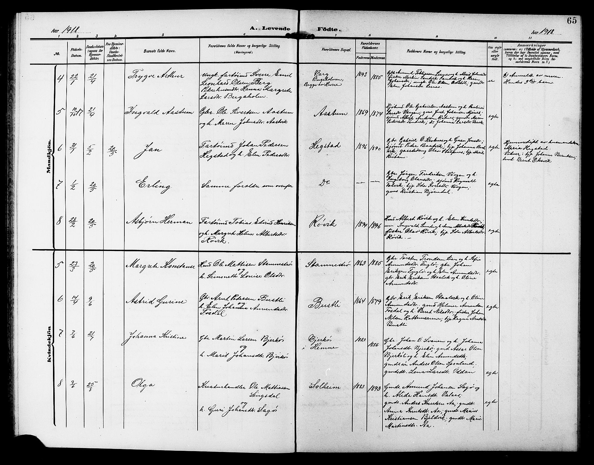 Ministerialprotokoller, klokkerbøker og fødselsregistre - Sør-Trøndelag, SAT/A-1456/633/L0520: Parish register (copy) no. 633C02, 1906-1921, p. 65