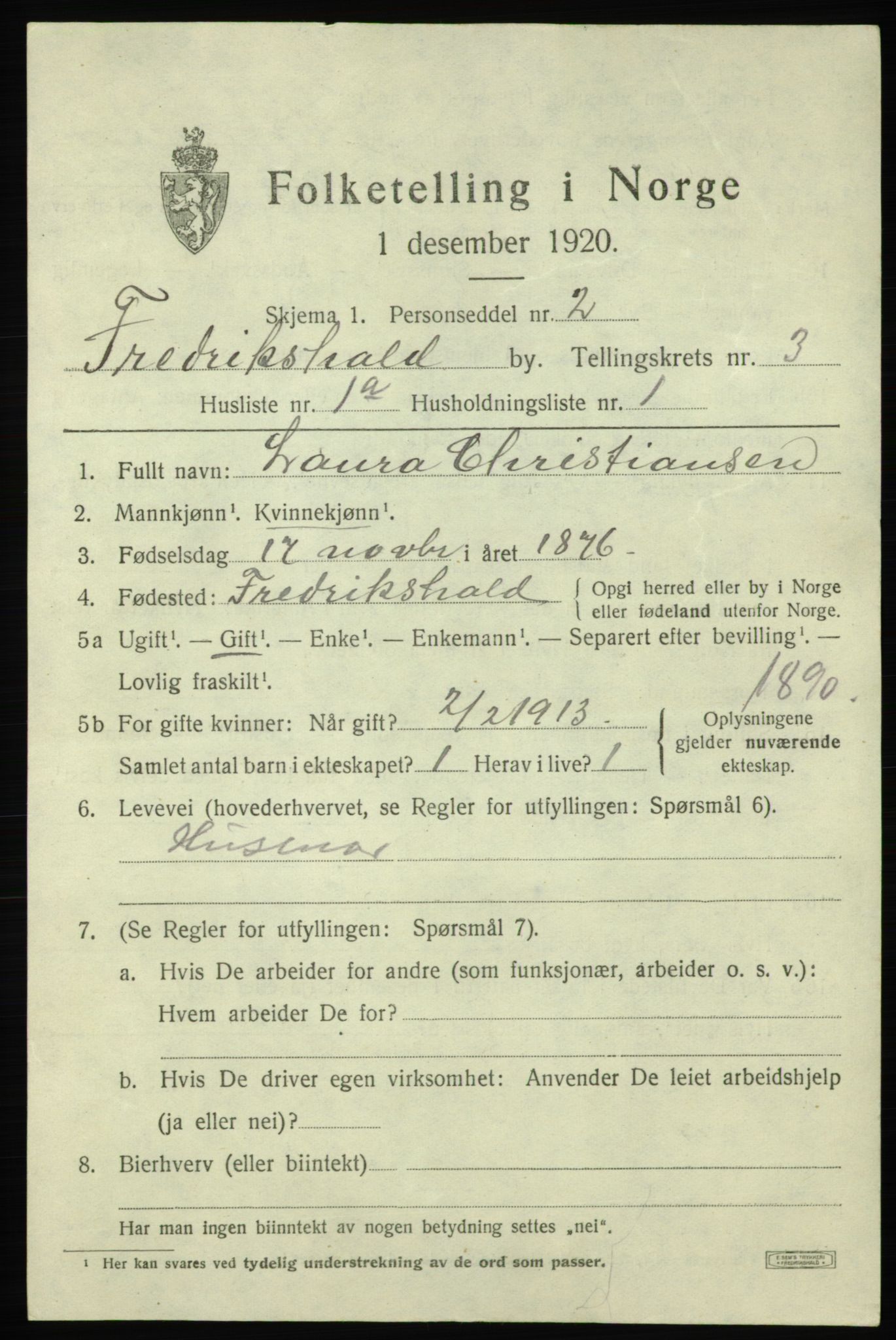 SAO, 1920 census for Fredrikshald, 1920, p. 10268