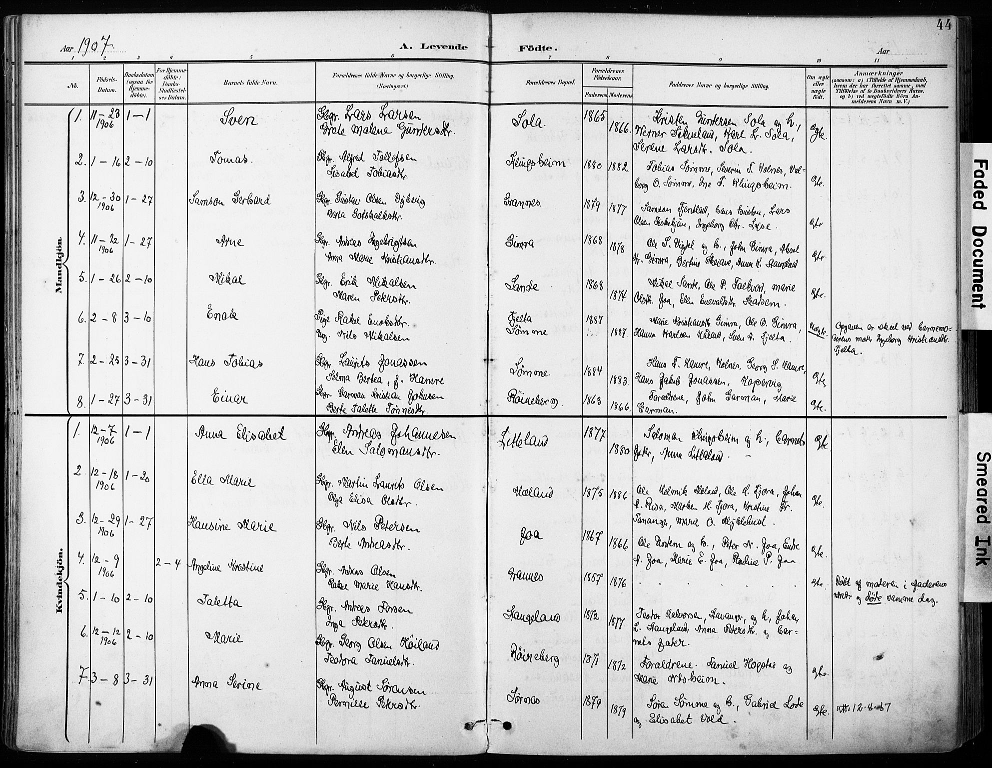 Håland sokneprestkontor, AV/SAST-A-101802/001/30BA/L0013: Parish register (official) no. A 12, 1901-1913, p. 44