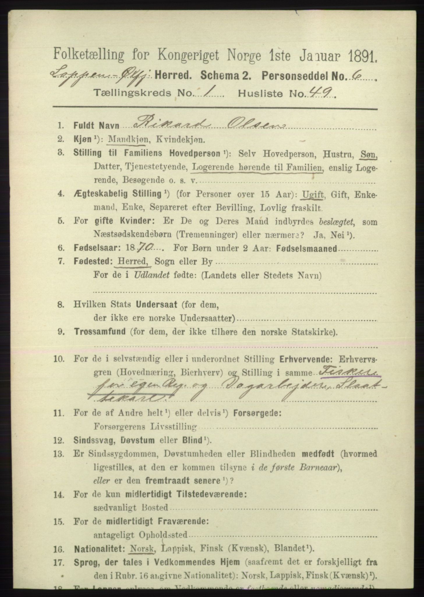 RA, 1891 census for 2014 Loppa, 1891, p. 325