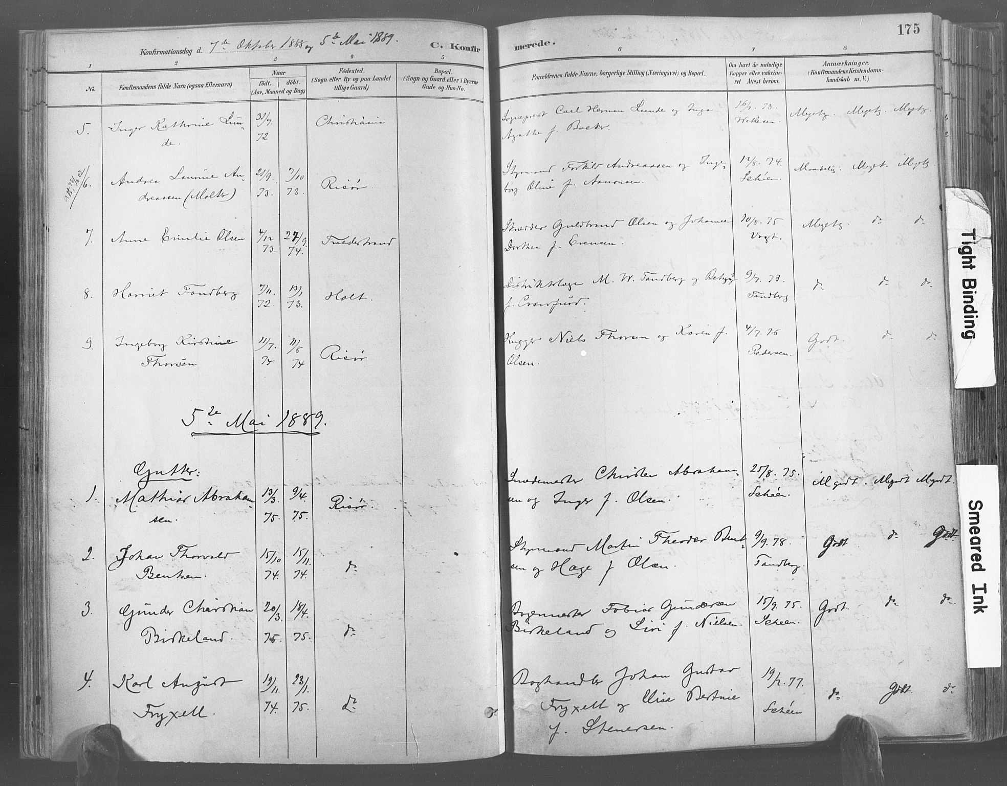 Risør sokneprestkontor, AV/SAK-1111-0035/F/Fa/L0005: Parish register (official) no. A 5, 1883-1895, p. 175