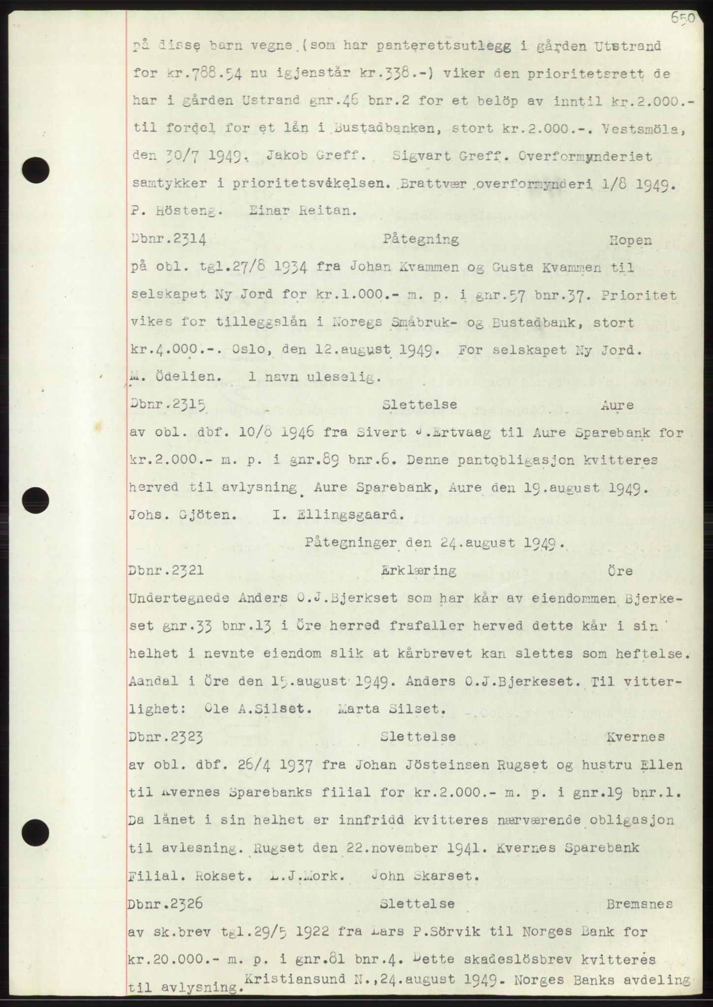 Nordmøre sorenskriveri, AV/SAT-A-4132/1/2/2Ca: Mortgage book no. C82b, 1946-1951, Diary no: : 2314/1949