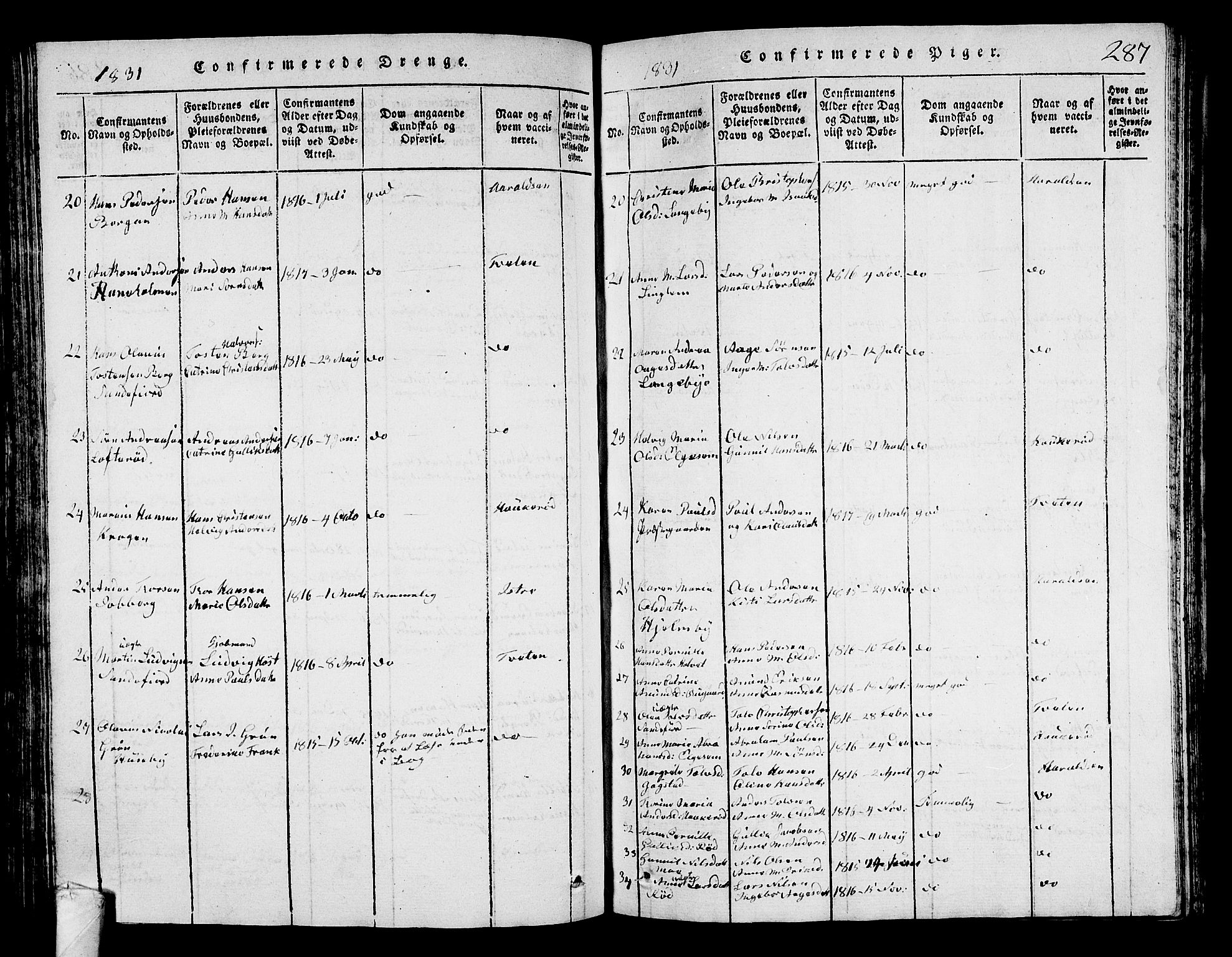 Sandar kirkebøker, SAKO/A-243/G/Ga/L0001: Parish register (copy) no. 1, 1814-1835, p. 287