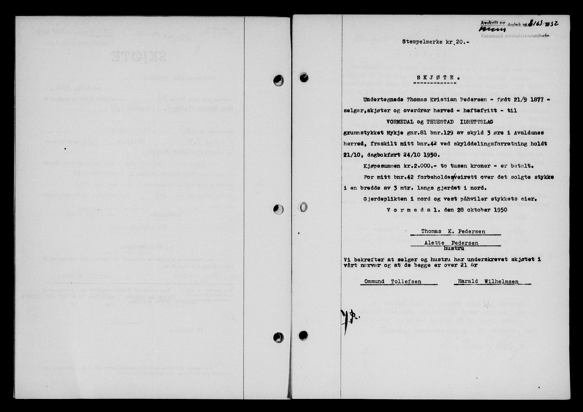Karmsund sorenskriveri, SAST/A-100311/01/II/IIB/L0101: Mortgage book no. 81A, 1950-1951, Diary no: : 3163/1950