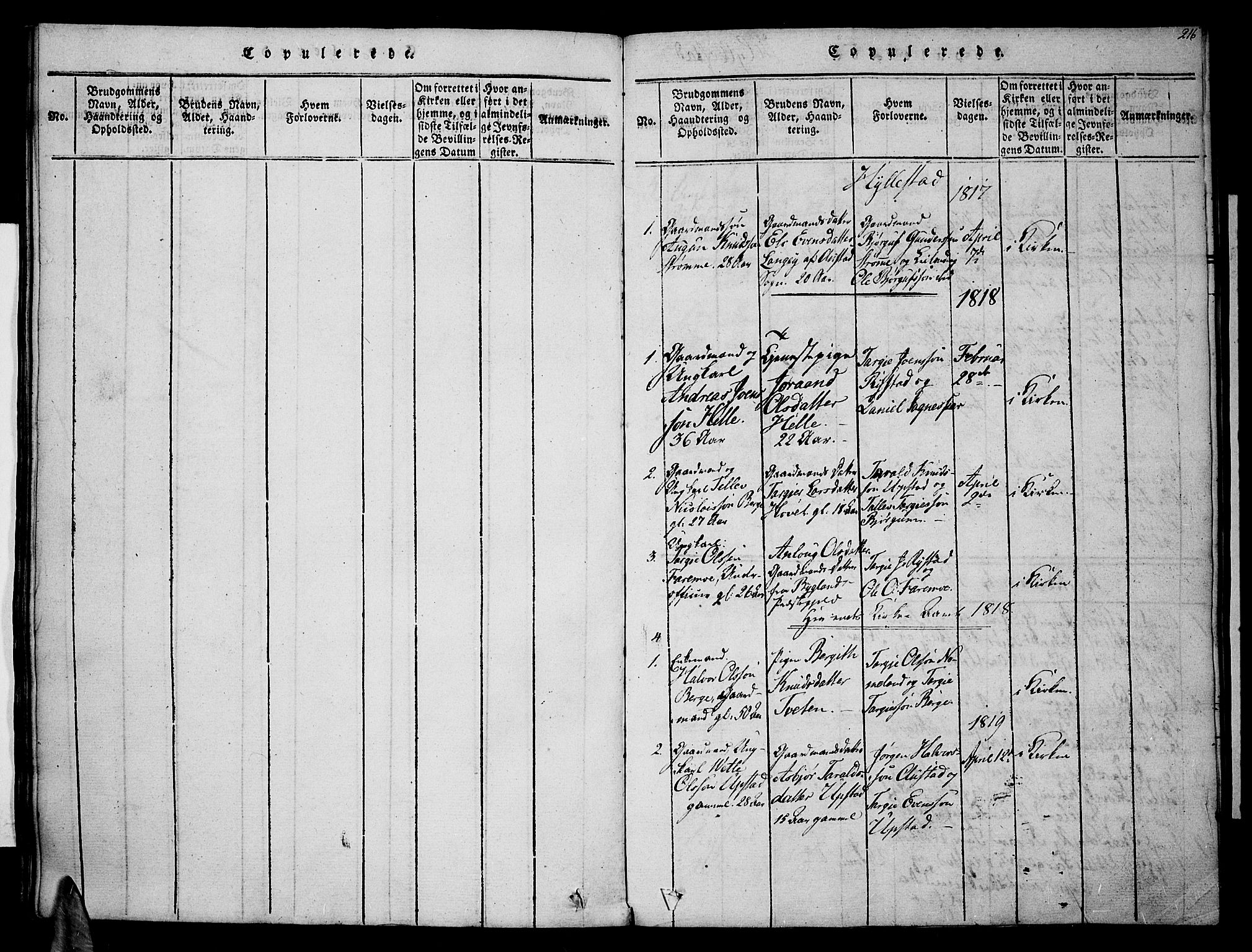Valle sokneprestkontor, SAK/1111-0044/F/Fa/Fac/L0005: Parish register (official) no. A 5 /2, 1817-1831, p. 216