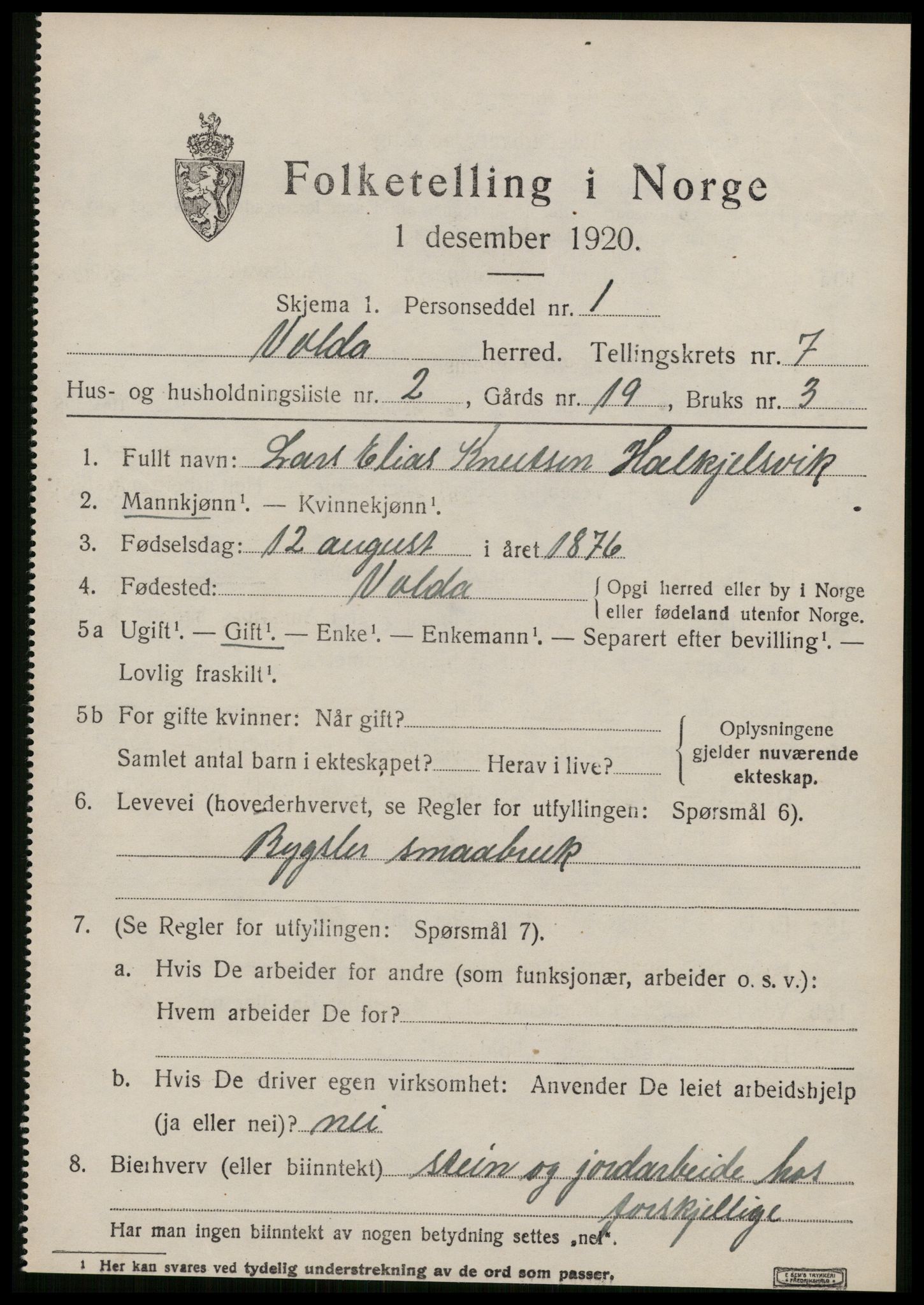 SAT, 1920 census for Volda, 1920, p. 6134