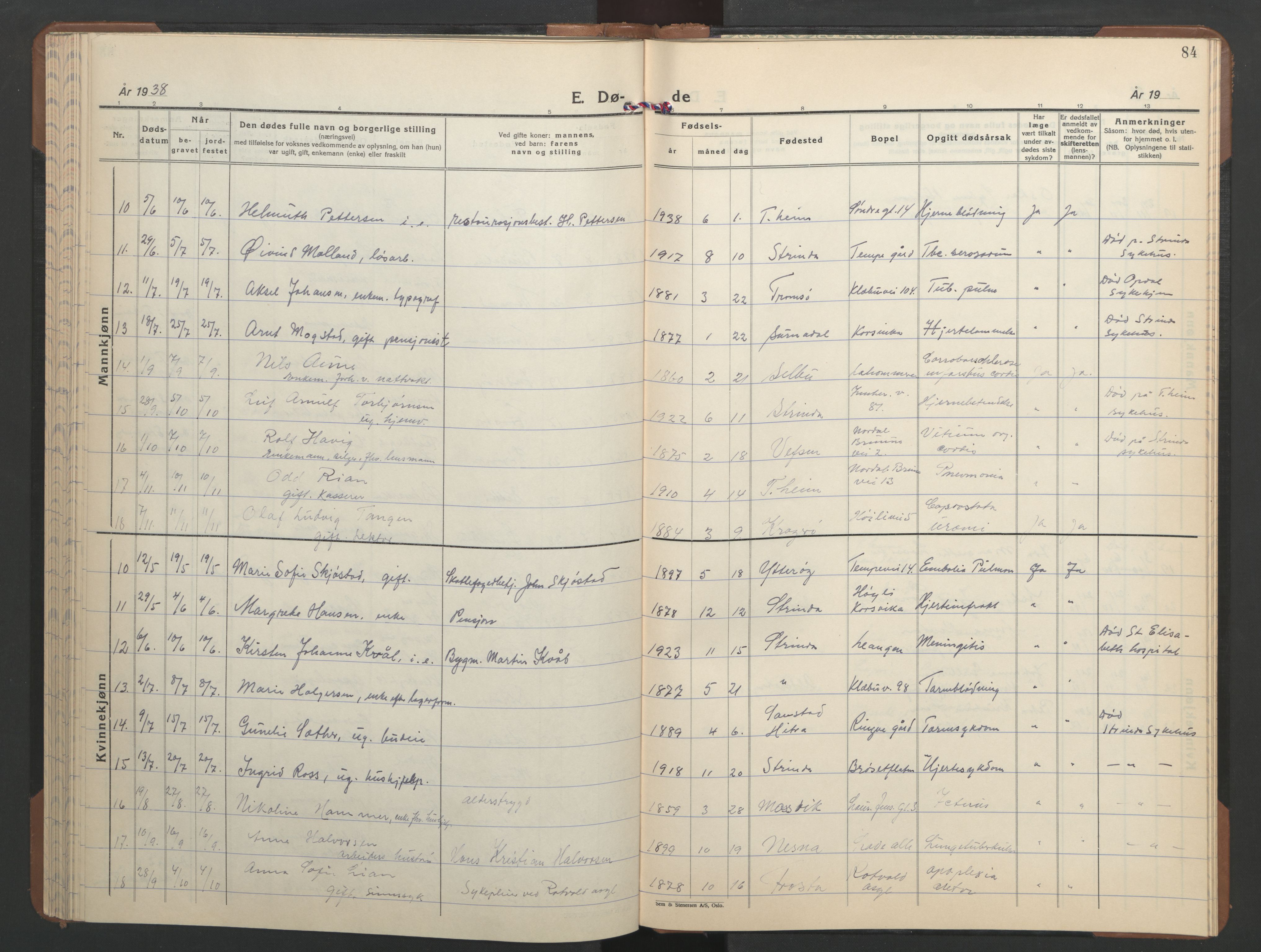 Ministerialprotokoller, klokkerbøker og fødselsregistre - Sør-Trøndelag, SAT/A-1456/606/L0315: Parish register (copy) no. 606C11, 1938-1947, p. 84