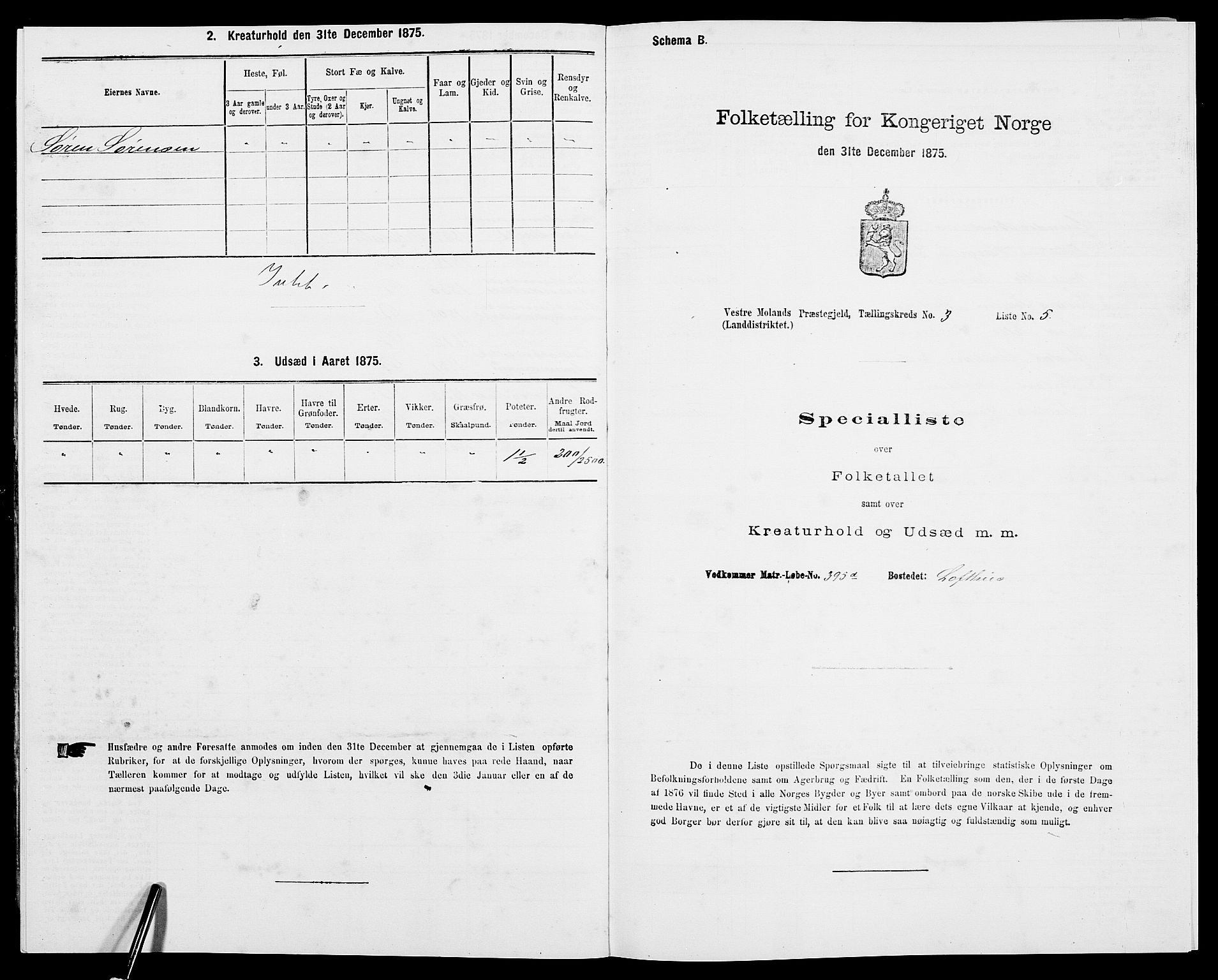 SAK, 1875 census for 0926L Vestre Moland/Vestre Moland, 1875, p. 400