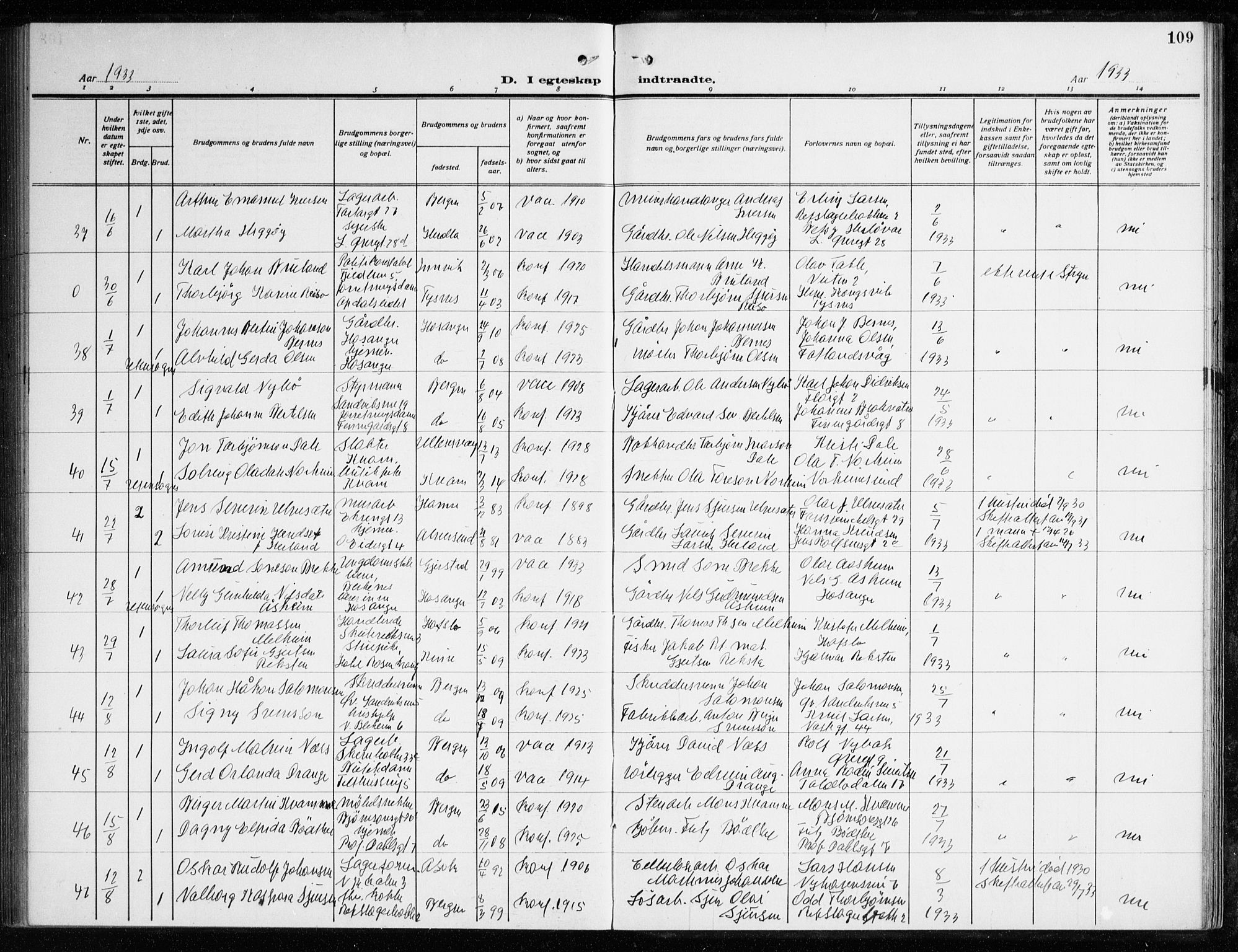 Korskirken sokneprestembete, AV/SAB-A-76101/H/Haa/L0039: Parish register (official) no. D 6, 1919-1938, p. 109