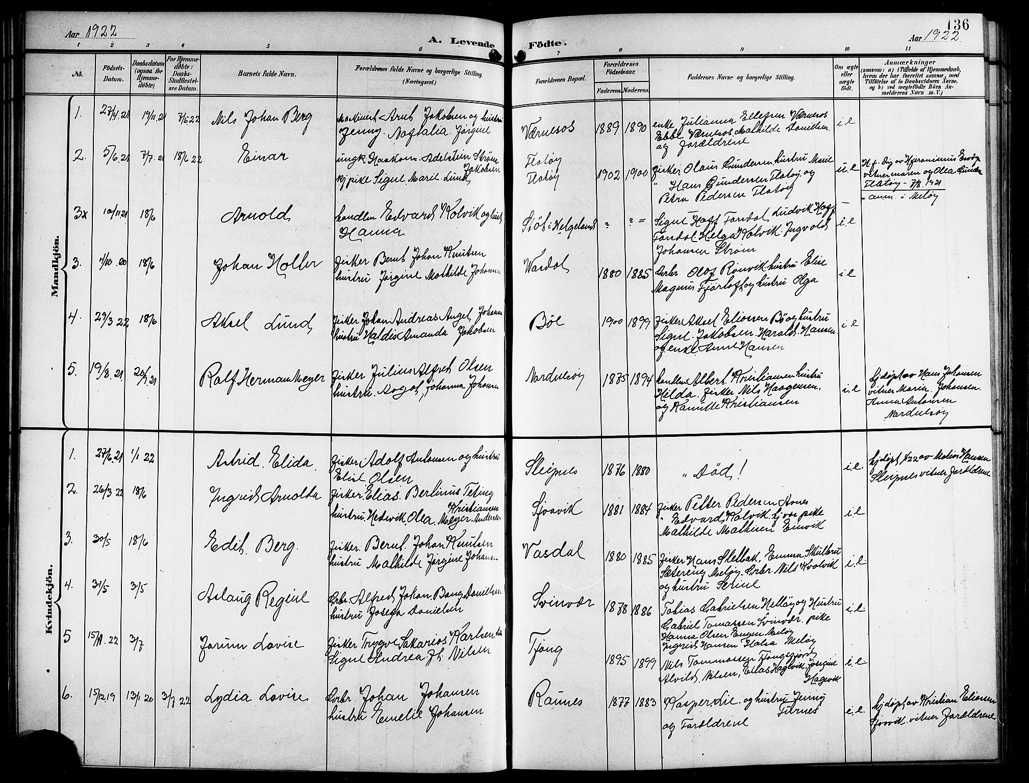 Ministerialprotokoller, klokkerbøker og fødselsregistre - Nordland, SAT/A-1459/841/L0621: Parish register (copy) no. 841C05, 1897-1923, p. 136