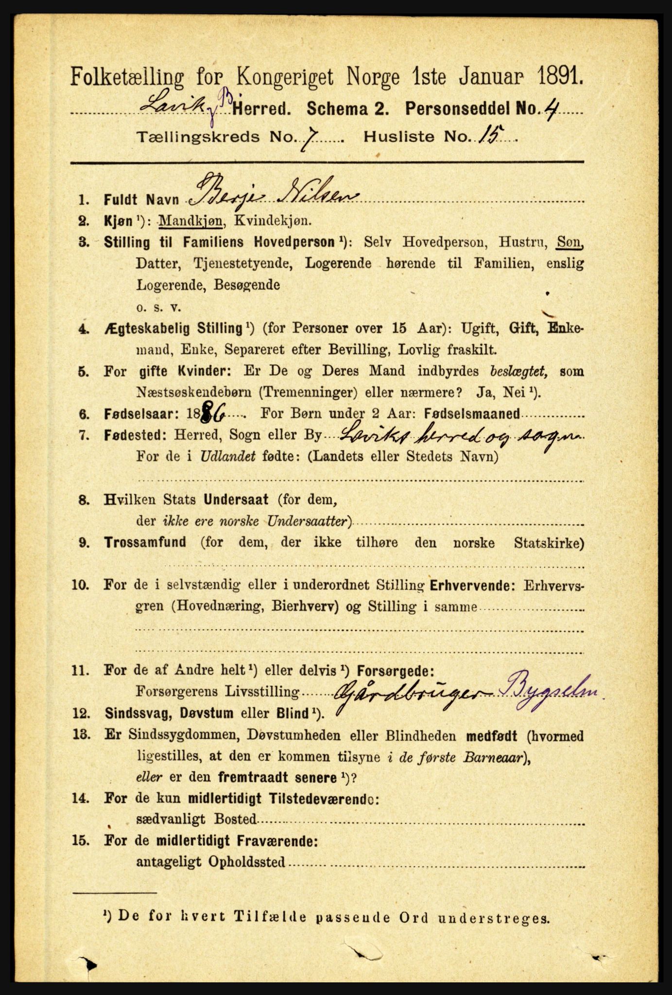 RA, 1891 census for 1415 Lavik og Brekke, 1891, p. 1457