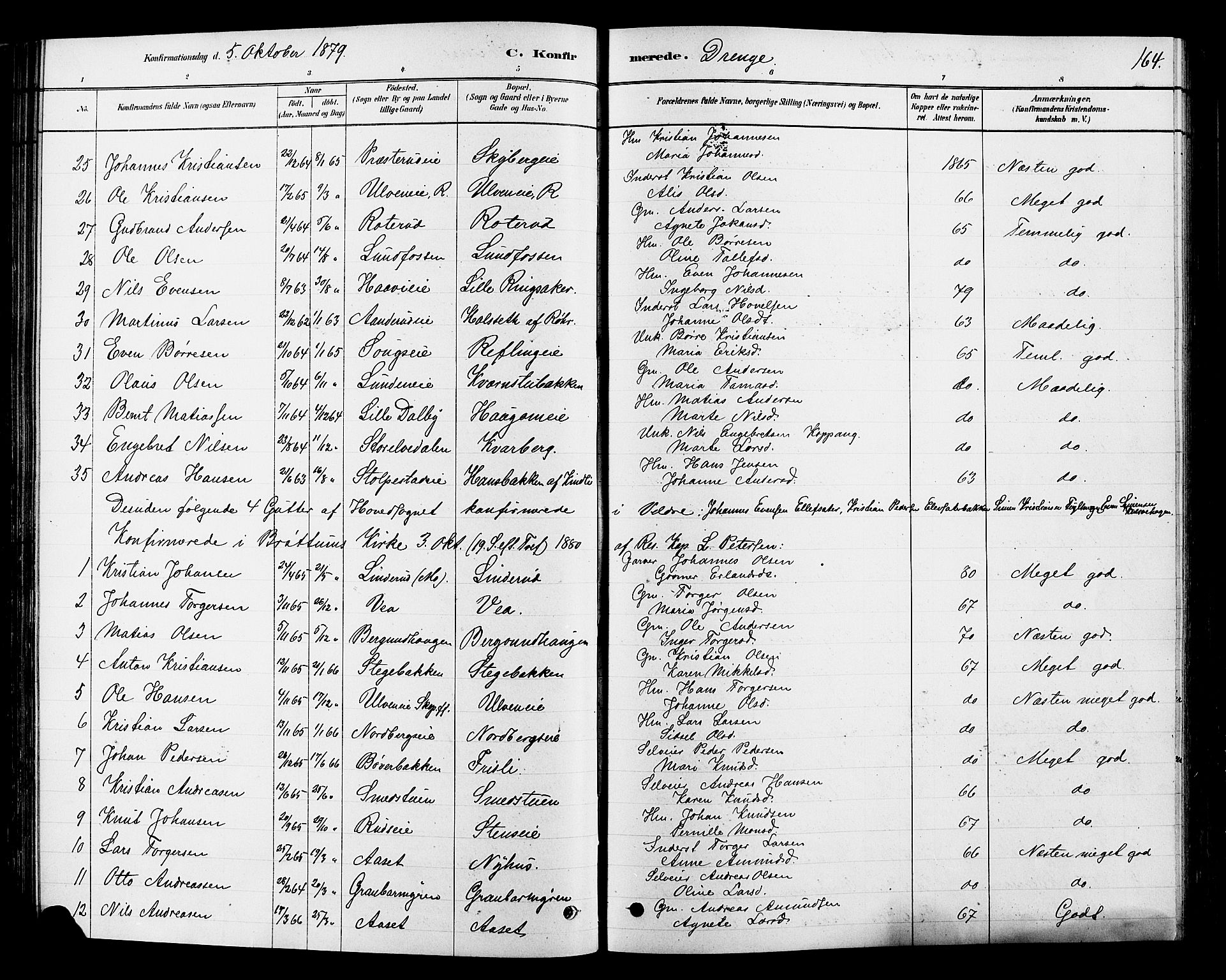 Ringsaker prestekontor, SAH/PREST-014/L/La/L0009: Parish register (copy) no. 9, 1879-1890, p. 164
