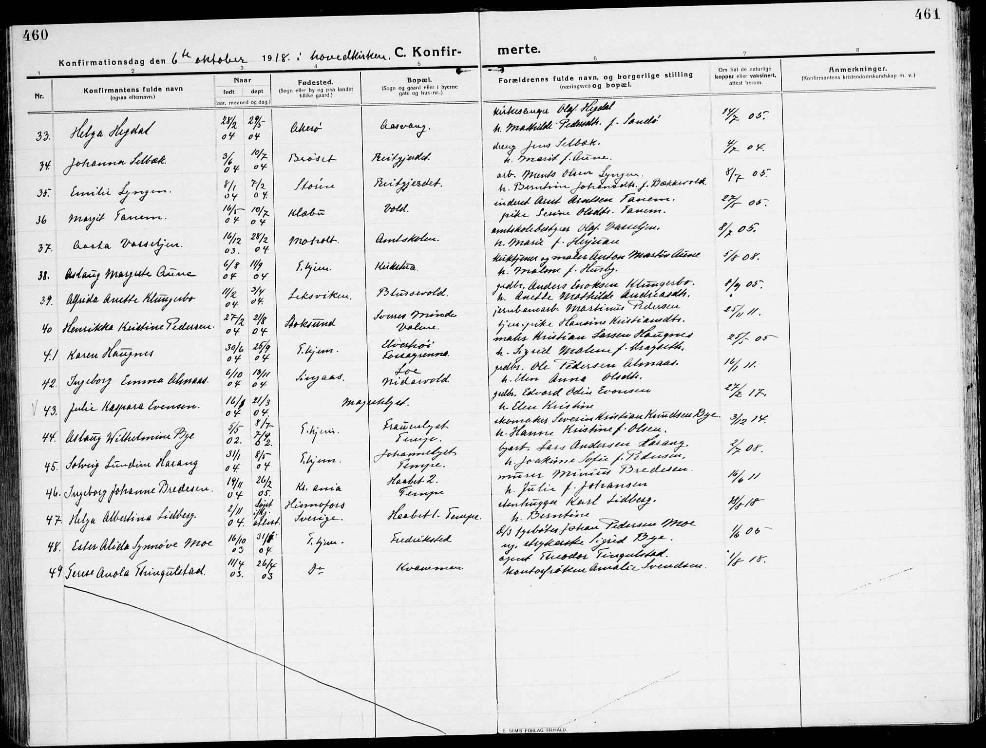 Ministerialprotokoller, klokkerbøker og fødselsregistre - Sør-Trøndelag, AV/SAT-A-1456/607/L0321: Parish register (official) no. 607A05, 1916-1935, p. 460-461