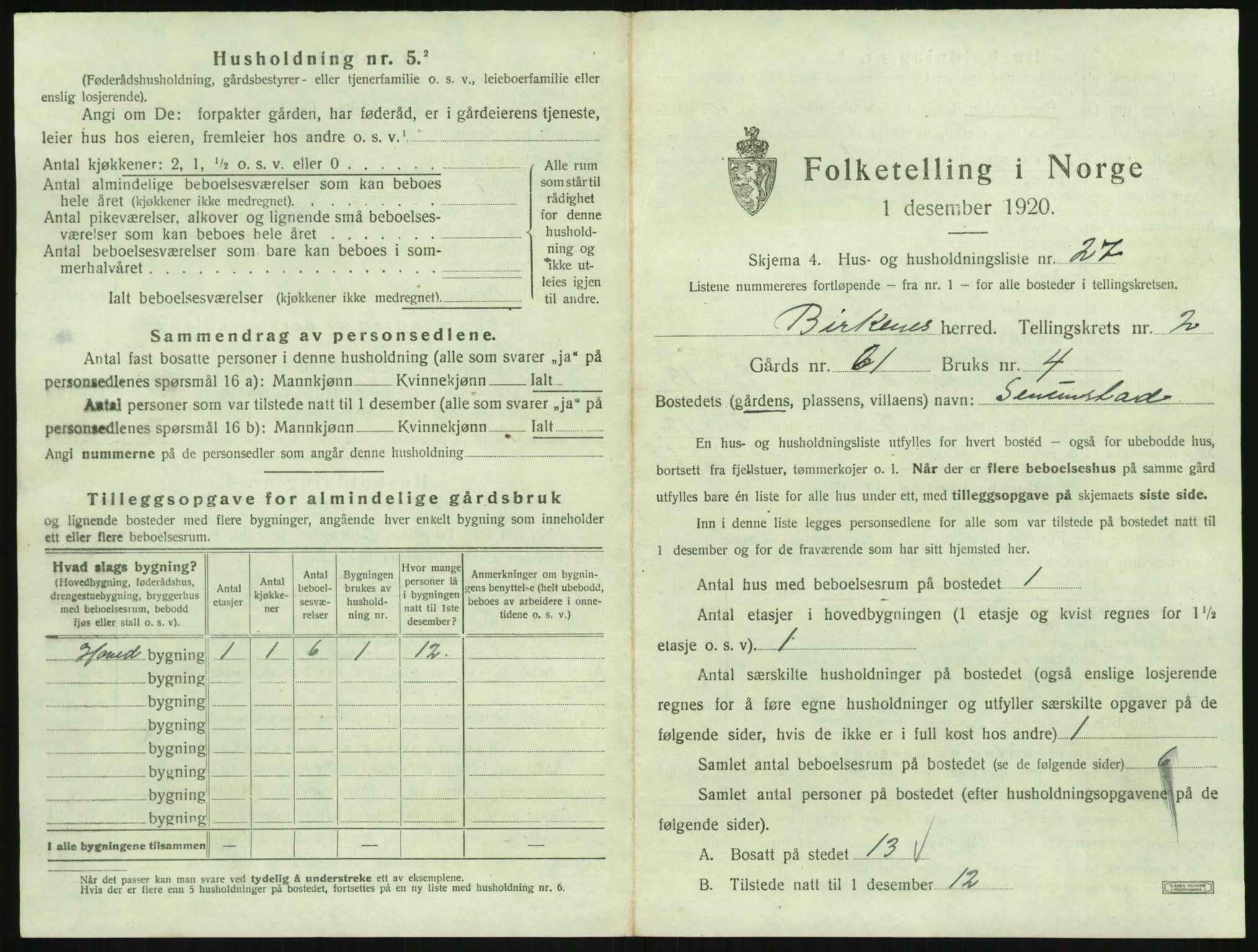 SAK, 1920 census for Birkenes, 1920, p. 141