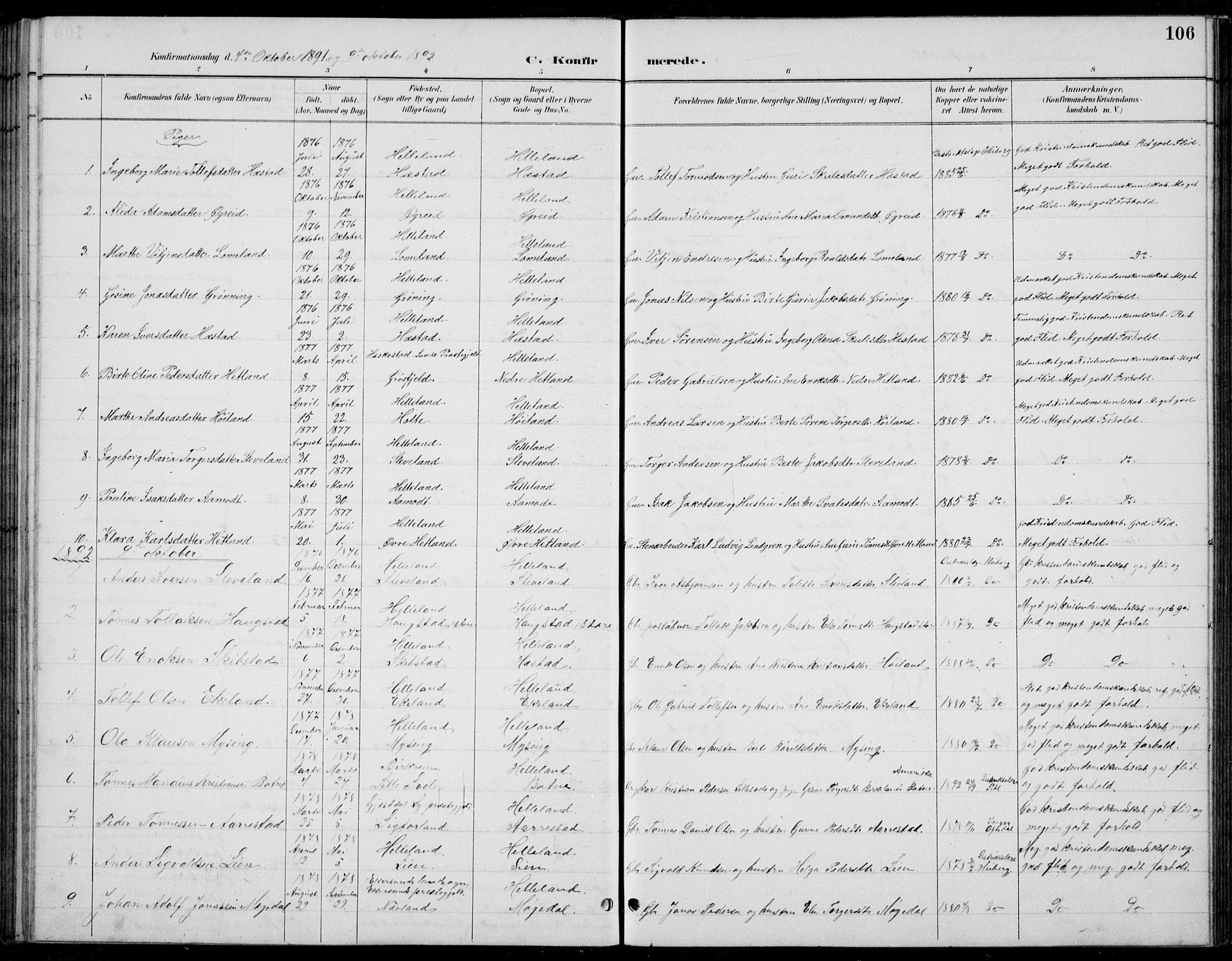 Helleland sokneprestkontor, SAST/A-101810: Parish register (copy) no. B 4, 1887-1941, p. 106