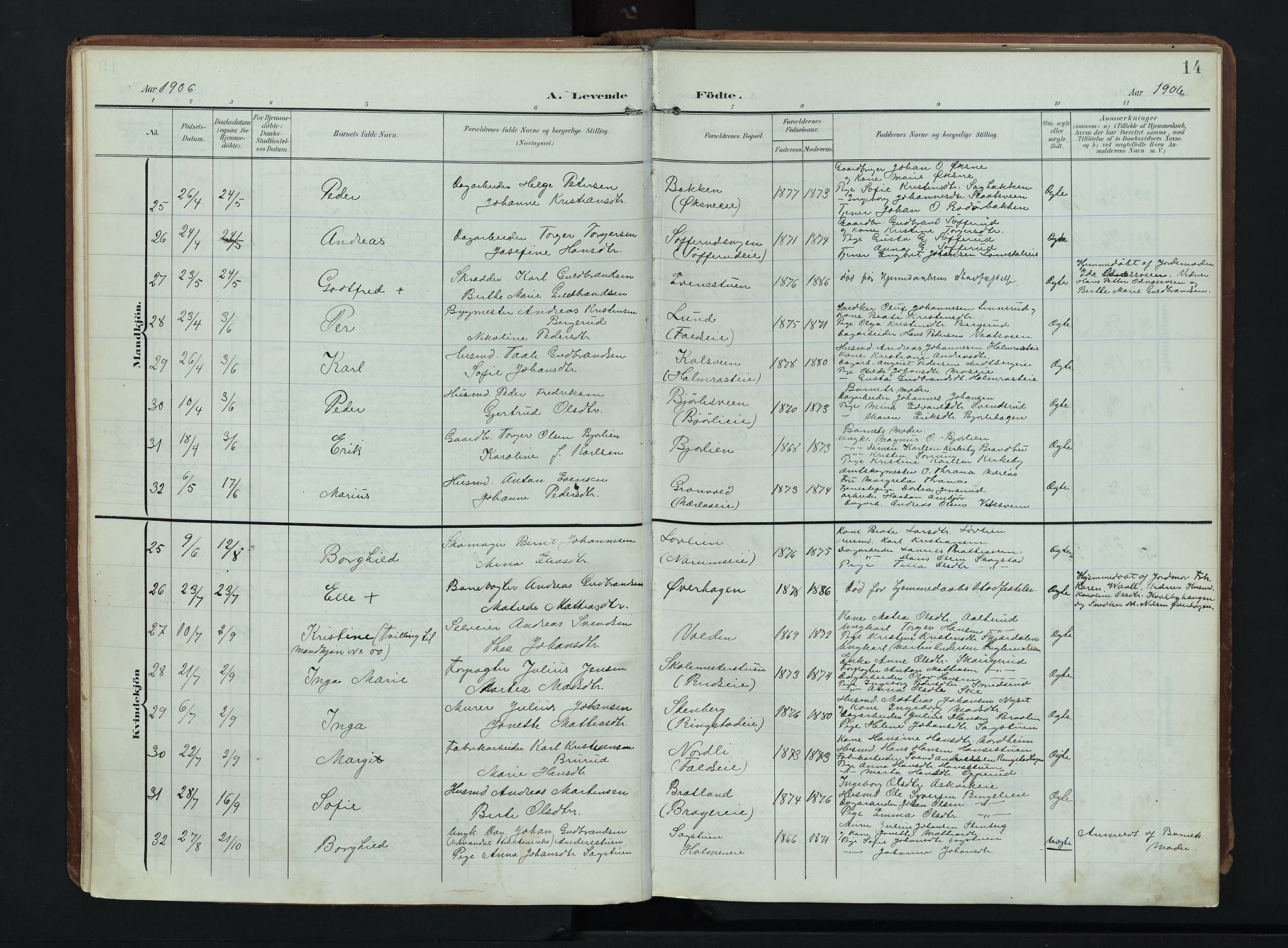 Søndre Land prestekontor, AV/SAH-PREST-122/K/L0007: Parish register (official) no. 7, 1905-1914, p. 14