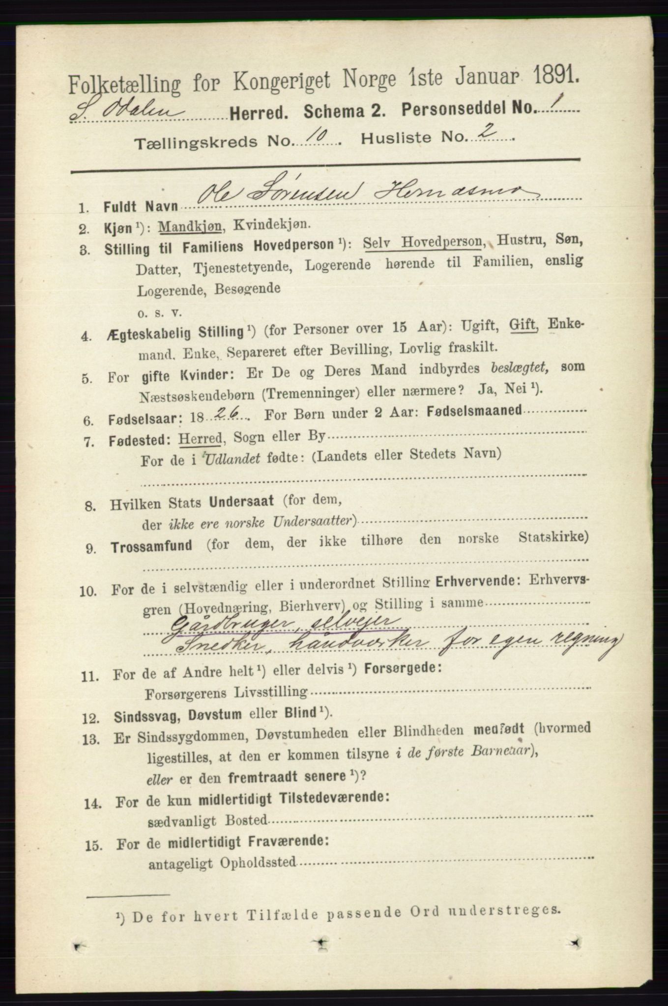 RA, 1891 census for 0419 Sør-Odal, 1891, p. 4368