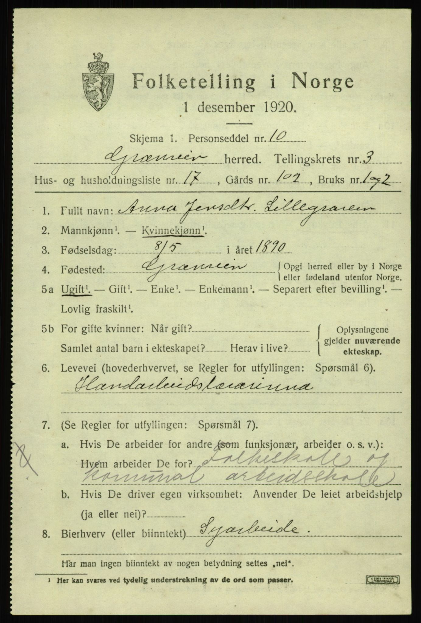 SAB, 1920 census for Granvin, 1920, p. 1332