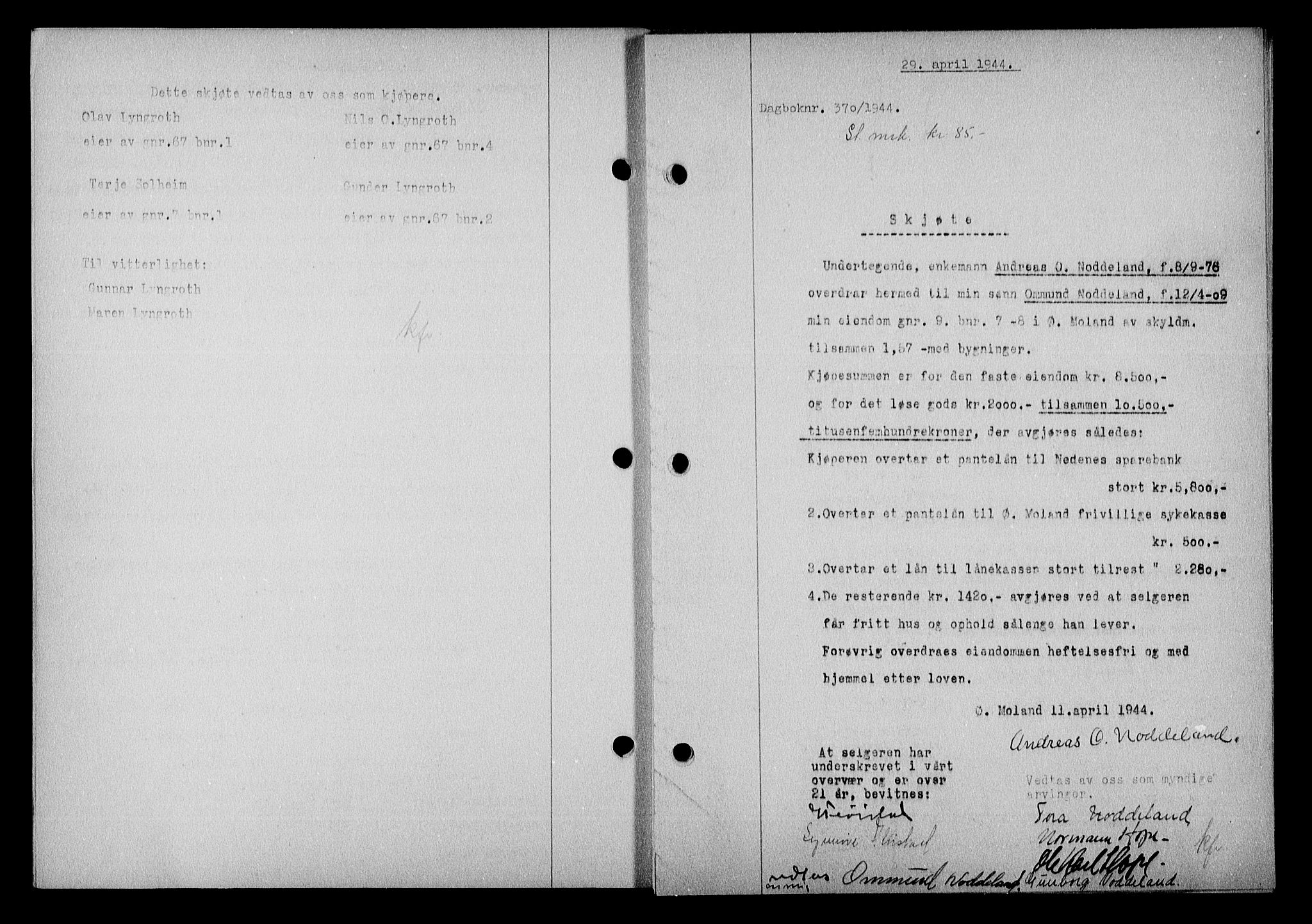 Nedenes sorenskriveri, SAK/1221-0006/G/Gb/Gba/L0051: Mortgage book no. A-V, 1943-1944, Diary no: : 370/1944