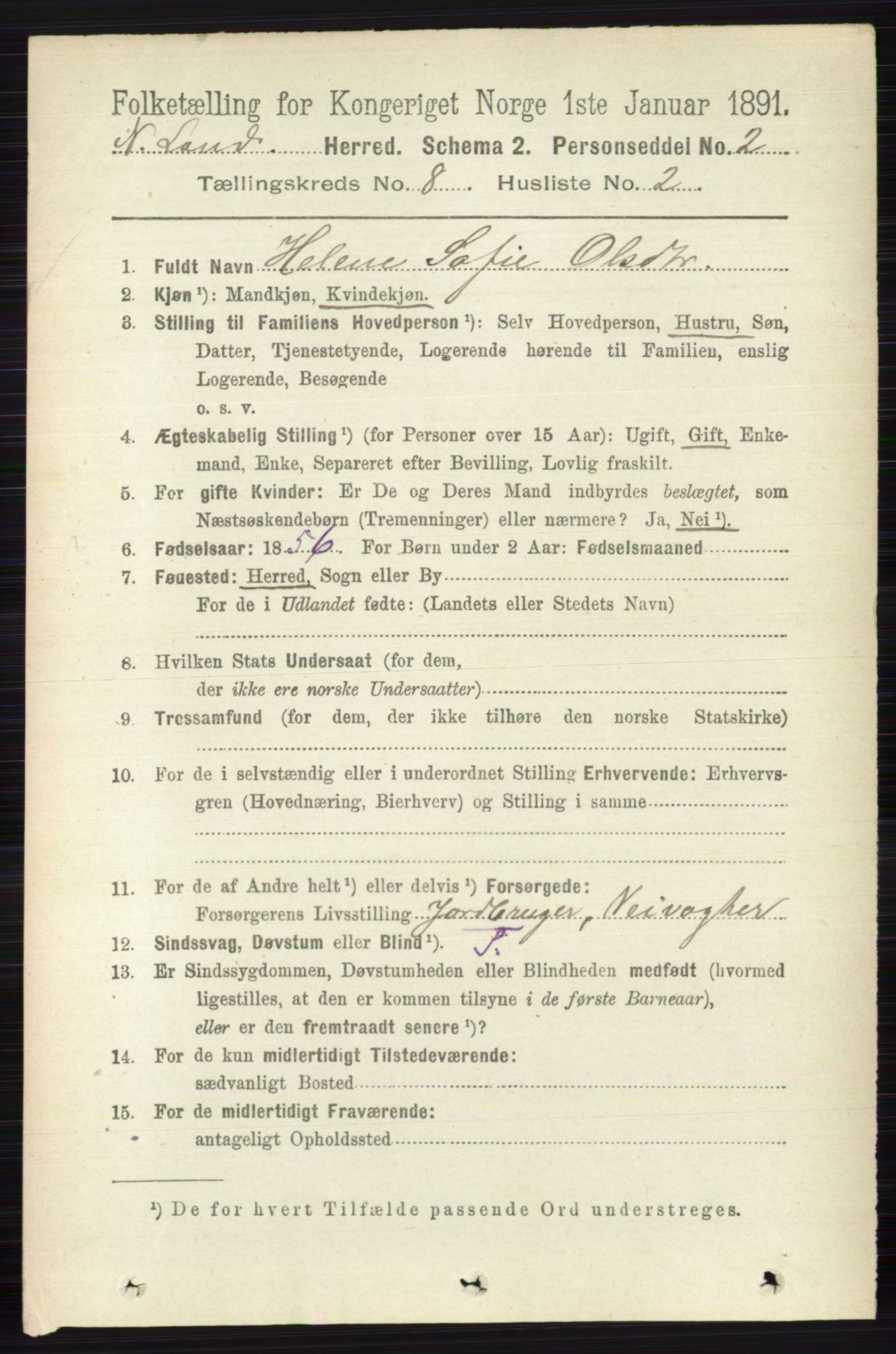 RA, 1891 census for 0538 Nordre Land, 1891, p. 2212