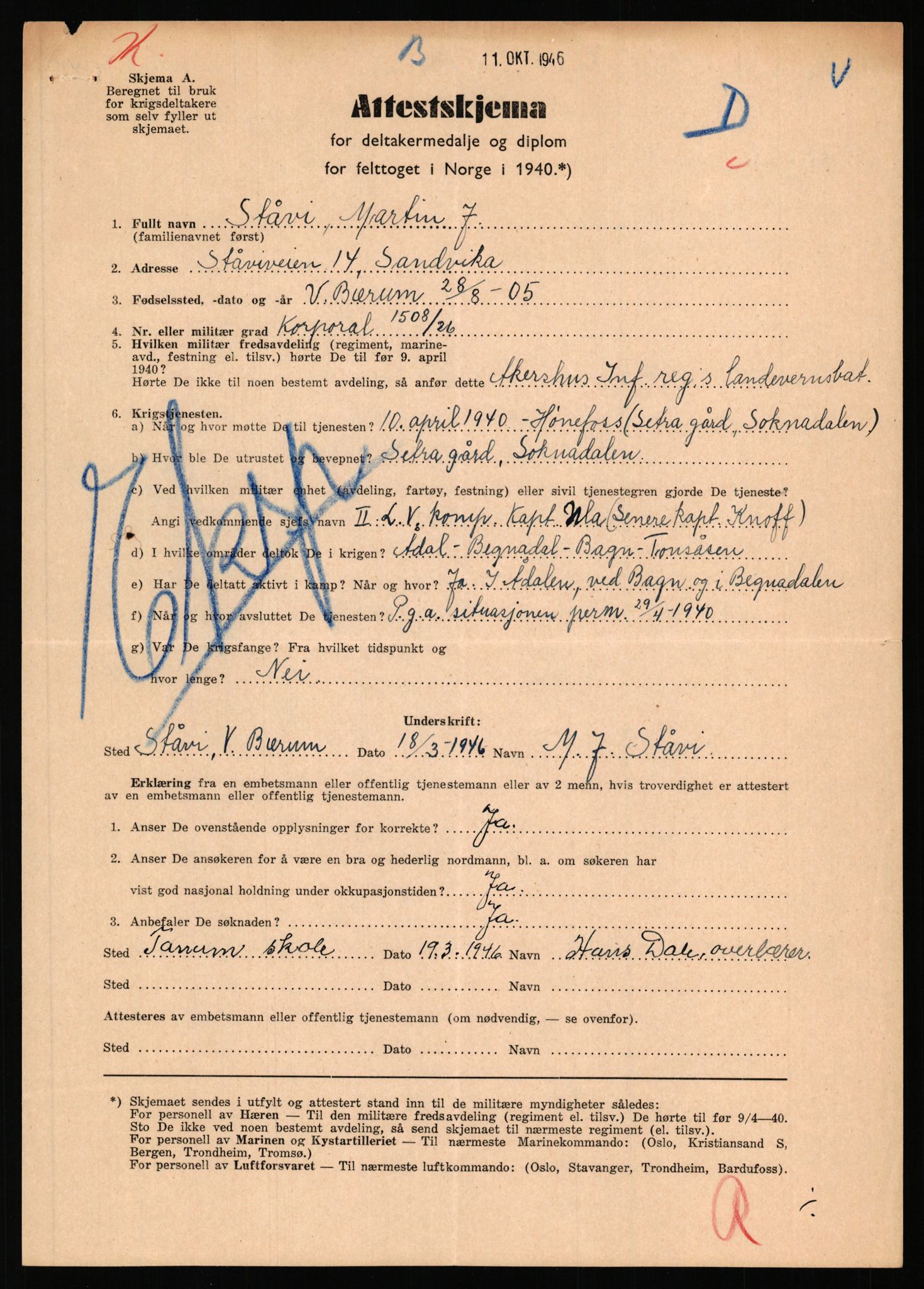 Forsvaret, Jegerkorpset - Akershus infantriregiment nr. 4, AV/RA-RAFA-2947/D/Dd/L0056: DELTAKERMEDALJEN 2. VERDENSKRIG BOKS 4 N-Ø, 1945-1950, p. 373