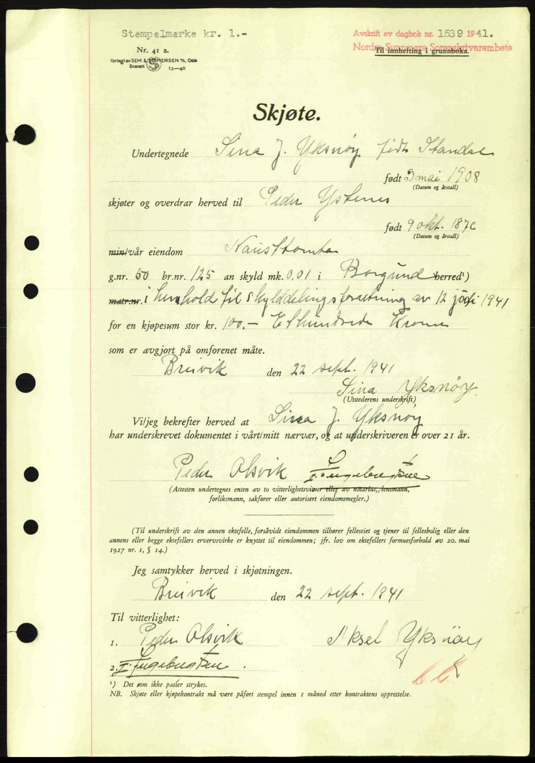 Nordre Sunnmøre sorenskriveri, AV/SAT-A-0006/1/2/2C/2Ca: Mortgage book no. A11, 1941-1941, Diary no: : 1539/1941