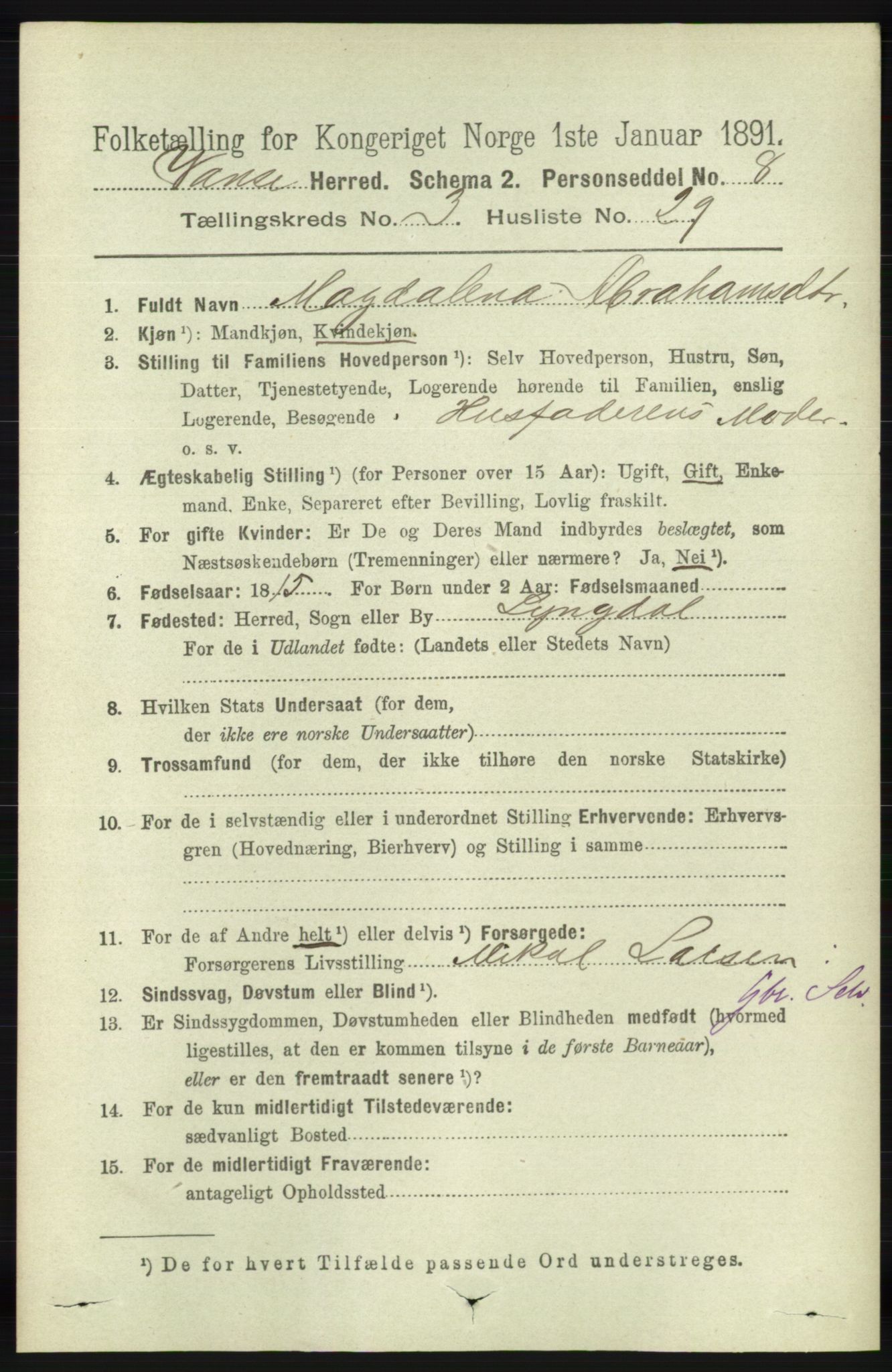 RA, 1891 census for 1041 Vanse, 1891, p. 1538