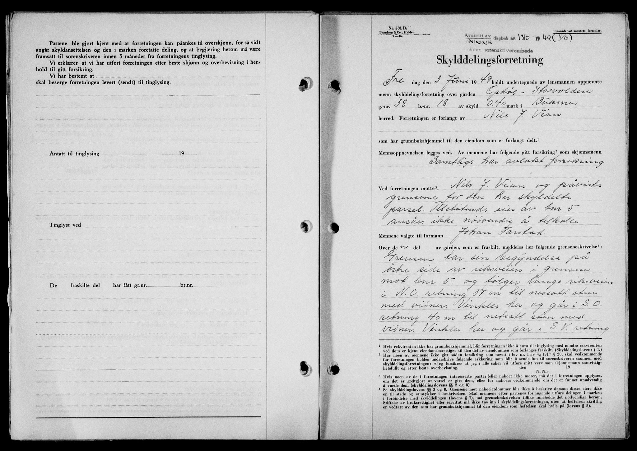 Lofoten sorenskriveri, SAT/A-0017/1/2/2C/L0021a: Mortgage book no. 21a, 1949-1949, Diary no: : 1310/1949