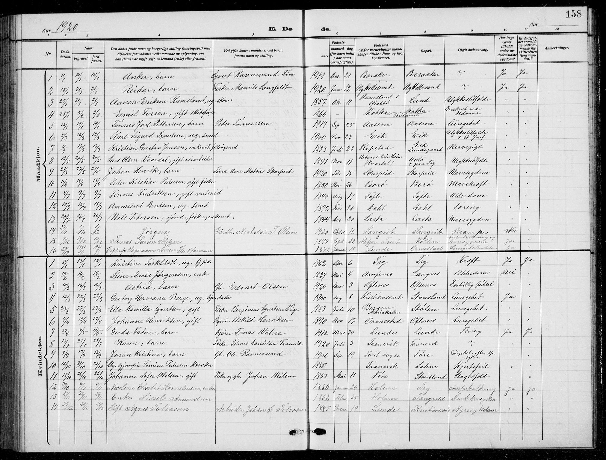 Søgne sokneprestkontor, SAK/1111-0037/F/Fb/Fbb/L0007: Parish register (copy) no. B 7, 1912-1931, p. 158