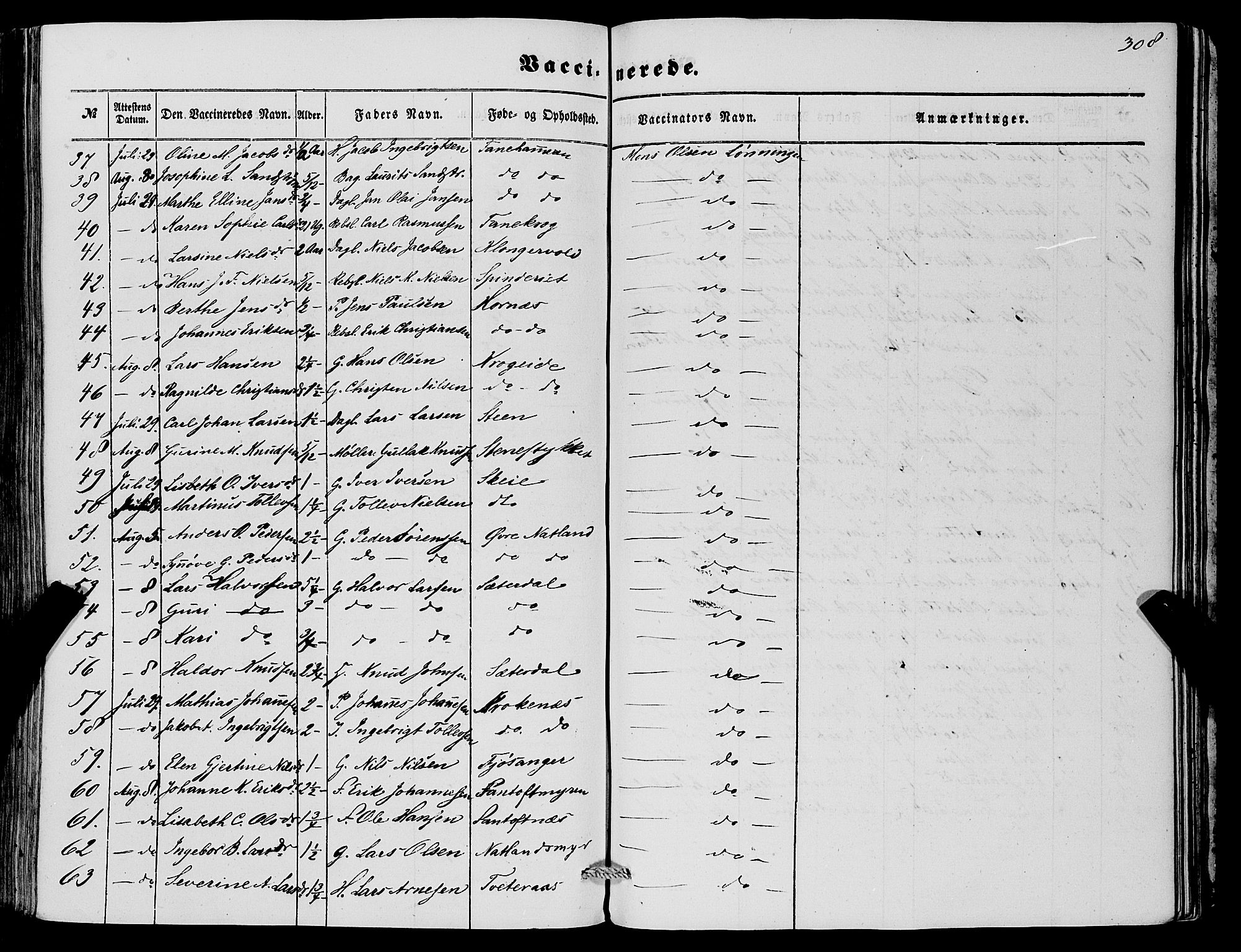 Fana Sokneprestembete, AV/SAB-A-75101/H/Haa/Haaa/L0011: Parish register (official) no. A 11, 1851-1862, p. 308