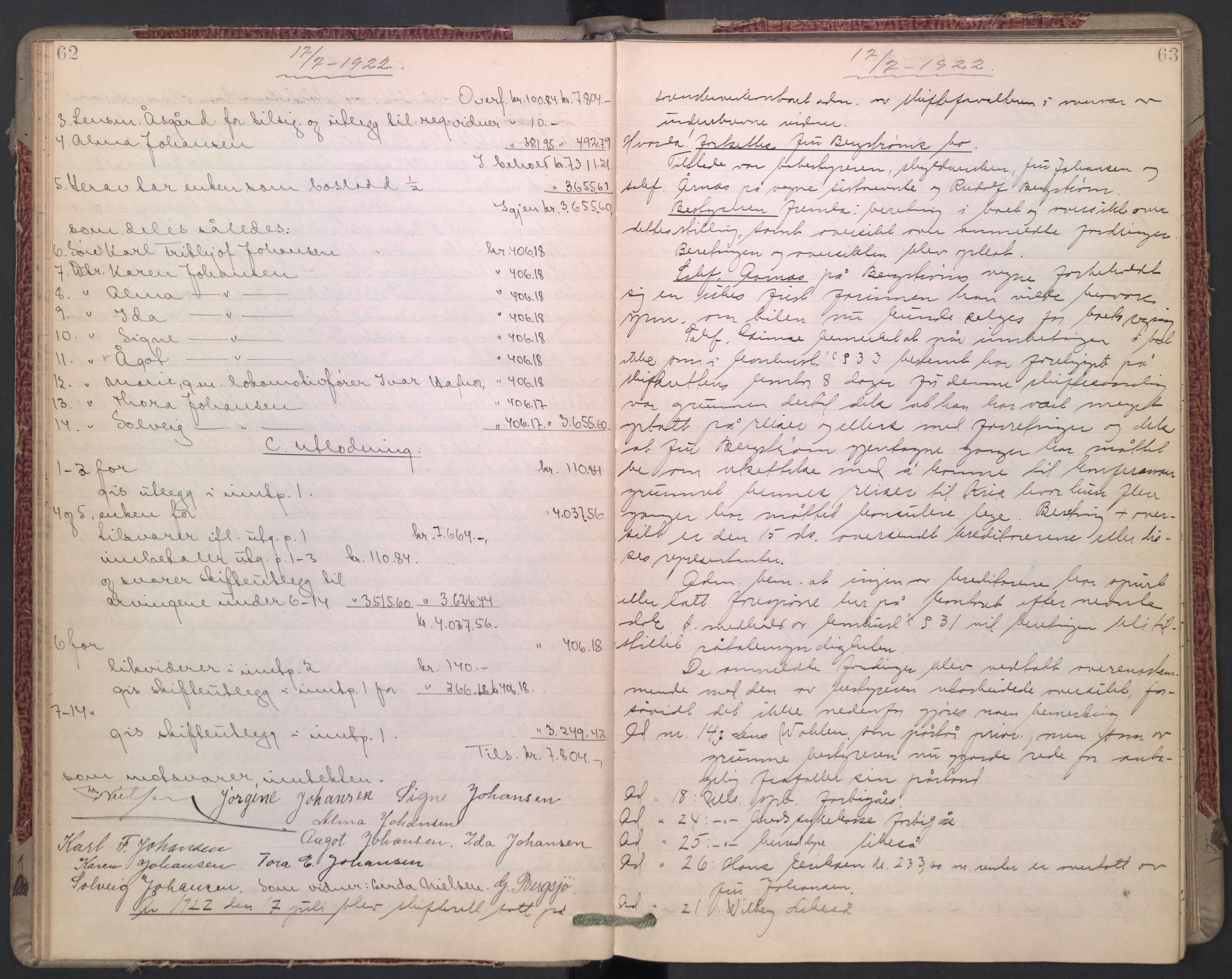 Eidsvoll tingrett, AV/SAO-A-10371/H/Hb/L0008: Skifteprotokoll, 1921-1925, p. 62-63