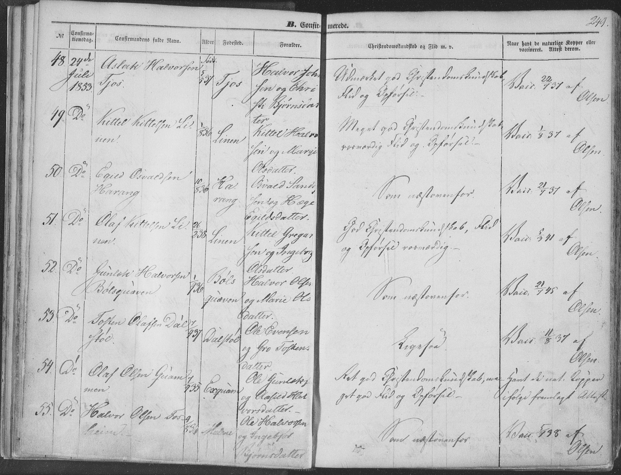 Seljord kirkebøker, AV/SAKO-A-20/F/Fa/L012b: Parish register (official) no. I 12B, 1850-1865, p. 249