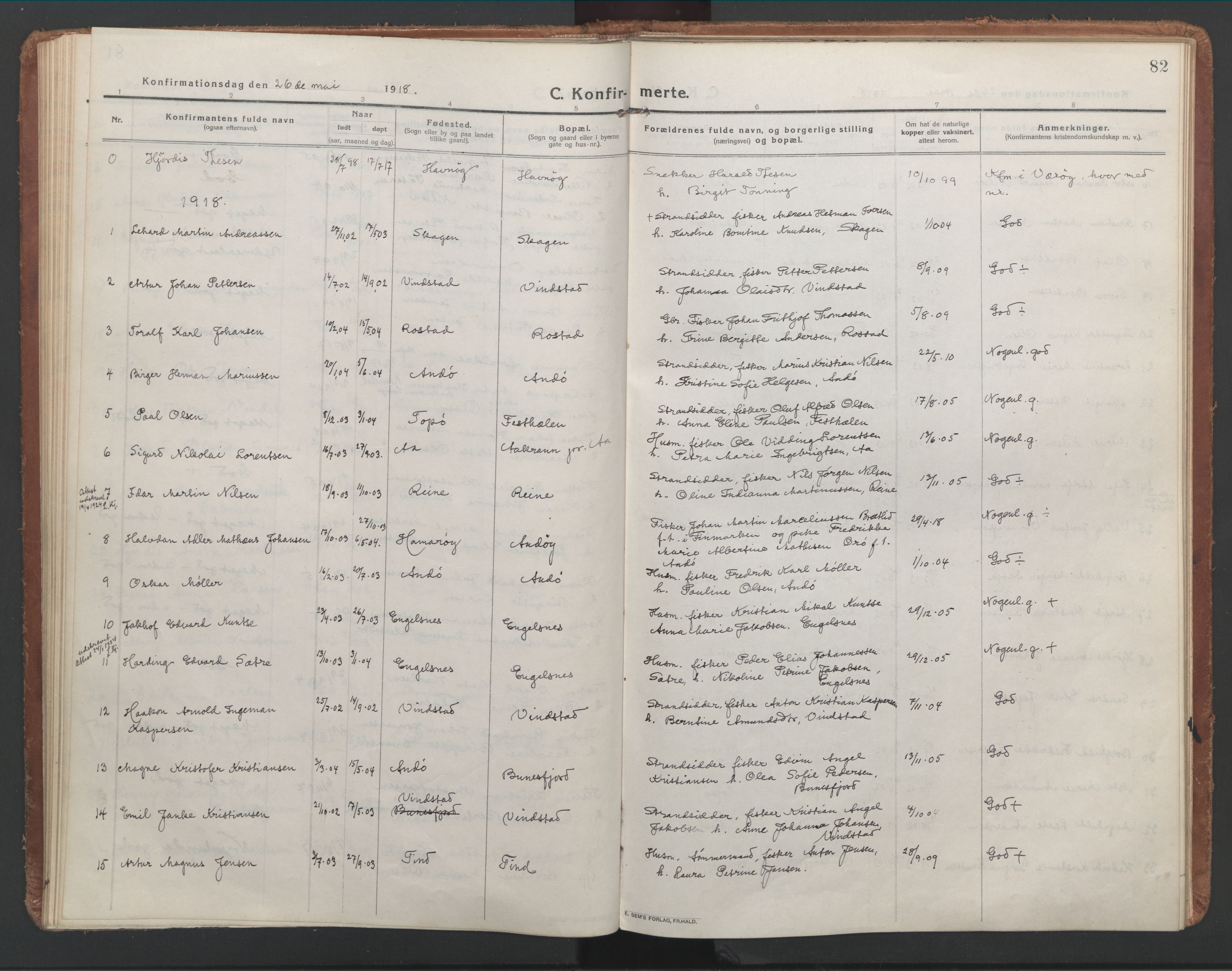 Ministerialprotokoller, klokkerbøker og fødselsregistre - Nordland, SAT/A-1459/886/L1222: Parish register (official) no. 886A04, 1914-1926, p. 82