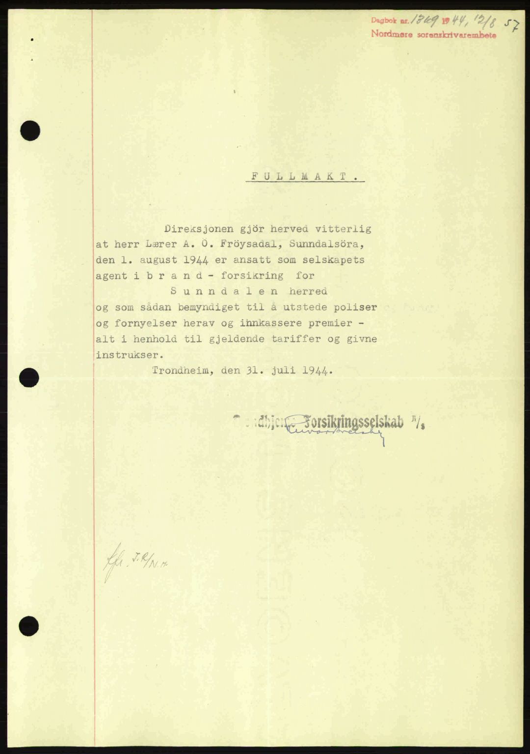 Nordmøre sorenskriveri, AV/SAT-A-4132/1/2/2Ca: Mortgage book no. B92, 1944-1945, Diary no: : 1369/1944