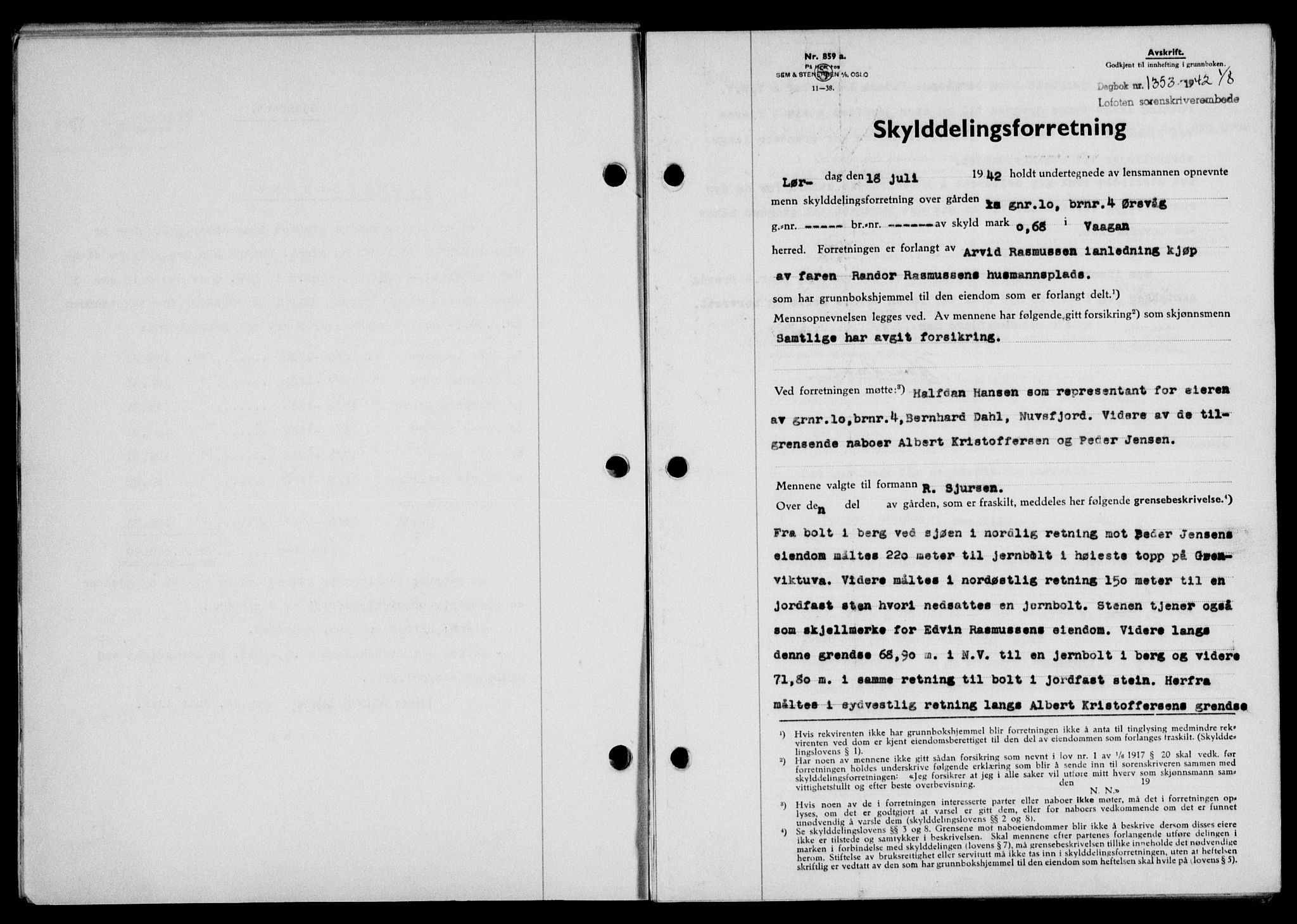 Lofoten sorenskriveri, SAT/A-0017/1/2/2C/L0010a: Mortgage book no. 10a, 1942-1943, Diary no: : 1353/1942