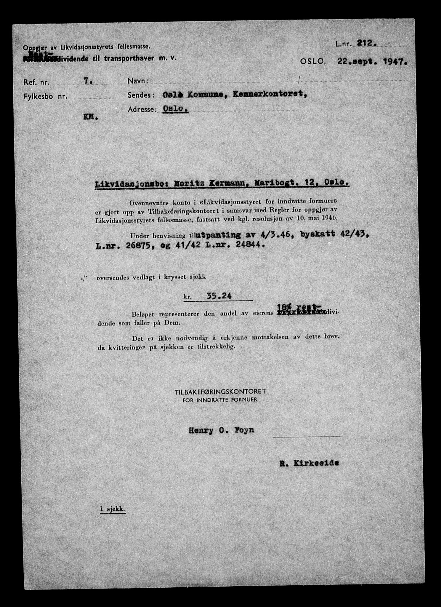 Justisdepartementet, Tilbakeføringskontoret for inndratte formuer, RA/S-1564/H/Hc/Hcc/L0951: --, 1945-1947, p. 85