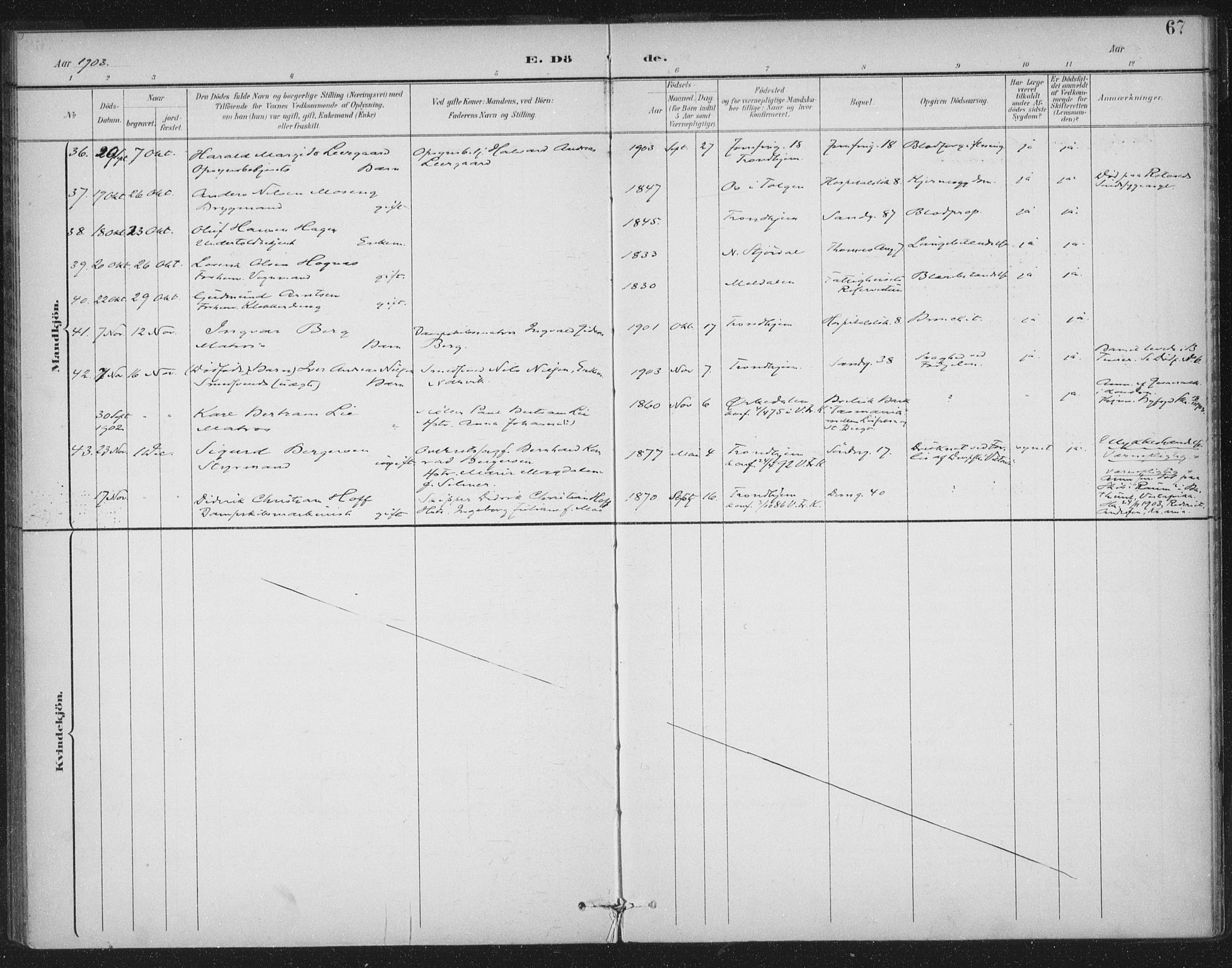 Ministerialprotokoller, klokkerbøker og fødselsregistre - Sør-Trøndelag, SAT/A-1456/602/L0123: Parish register (official) no. 602A21, 1895-1910, p. 67