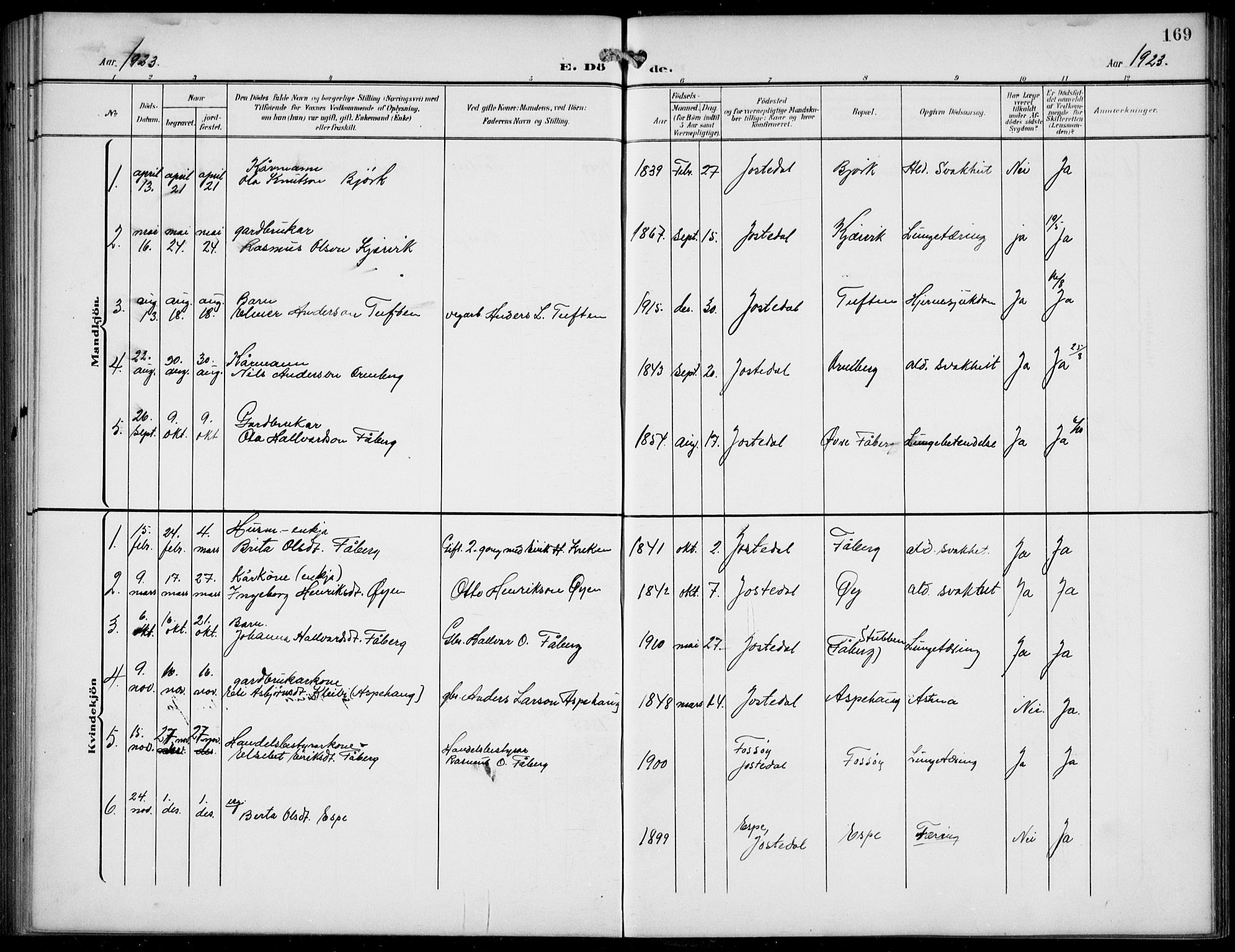 Jostedal sokneprestembete, AV/SAB-A-80601/H/Hab/Haba/L0002: Parish register (copy) no. A 2, 1907-1931, p. 169