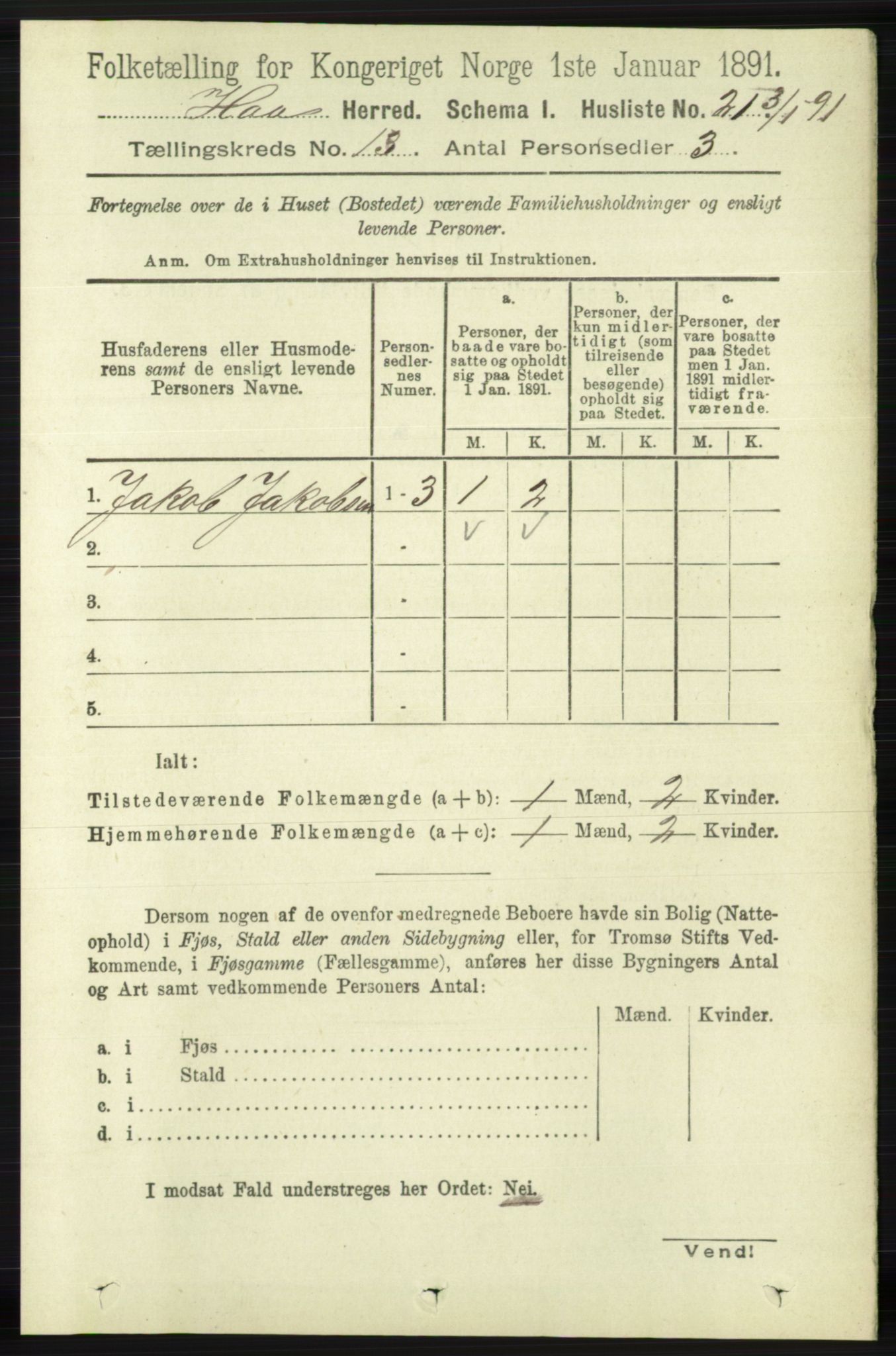 RA, 1891 census for 1119 Hå, 1891, p. 3145