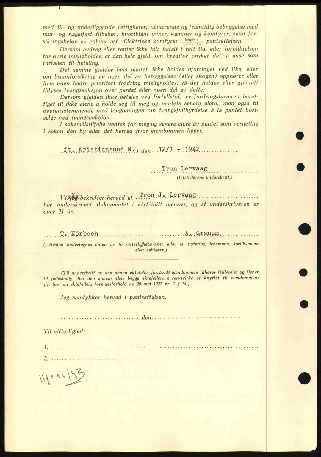 Nordmøre sorenskriveri, AV/SAT-A-4132/1/2/2Ca: Mortgage book no. B88, 1941-1942, Diary no: : 93/1942