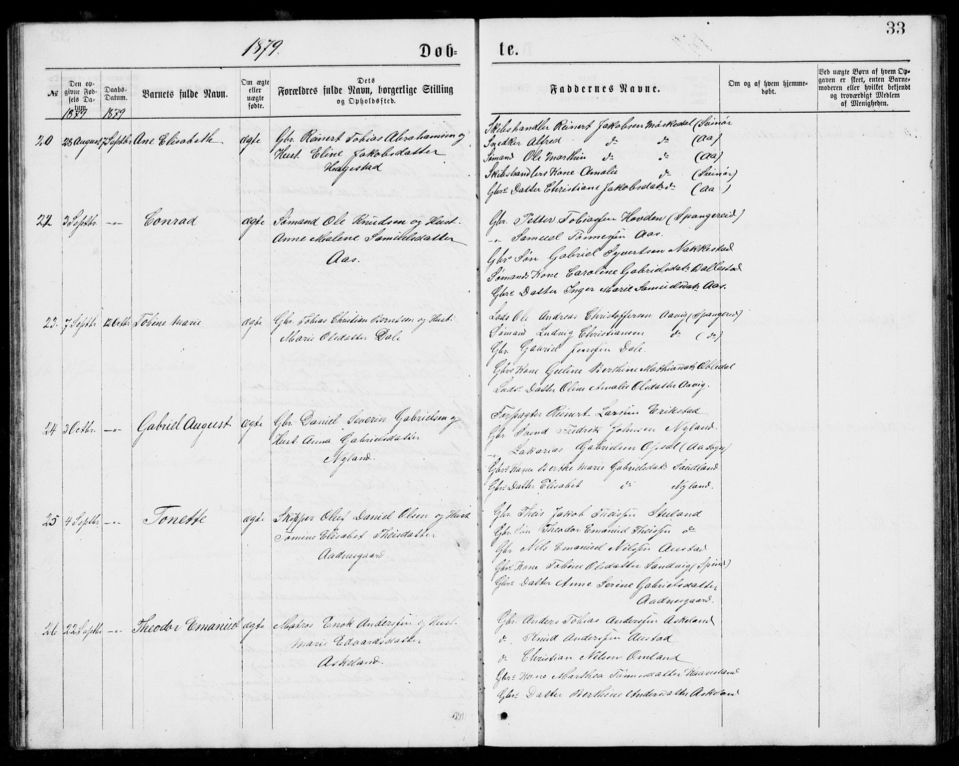 Lyngdal sokneprestkontor, AV/SAK-1111-0029/F/Fb/Fba/L0002: Parish register (copy) no. B 2, 1876-1886, p. 33