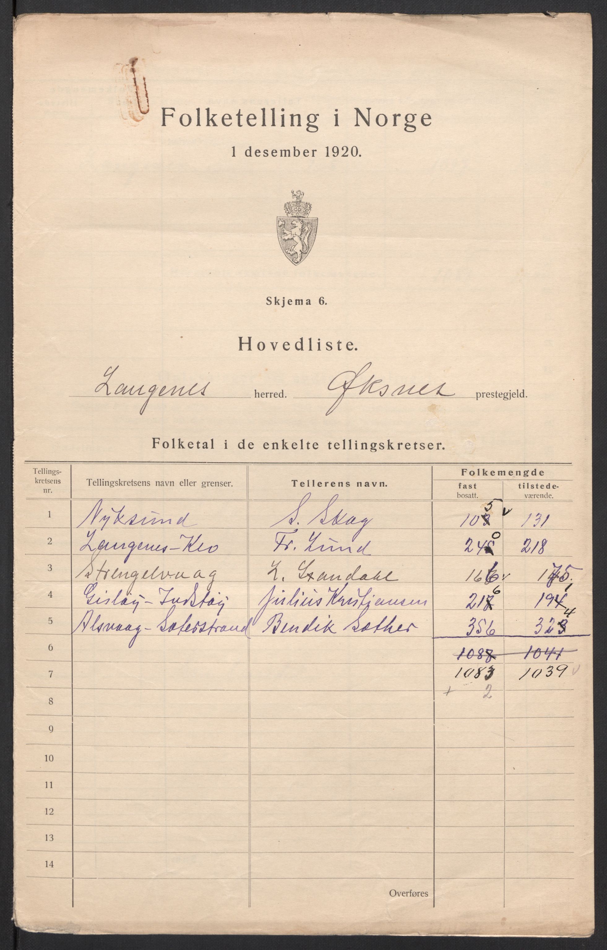 SAT, 1920 census for Langenes, 1920, p. 6