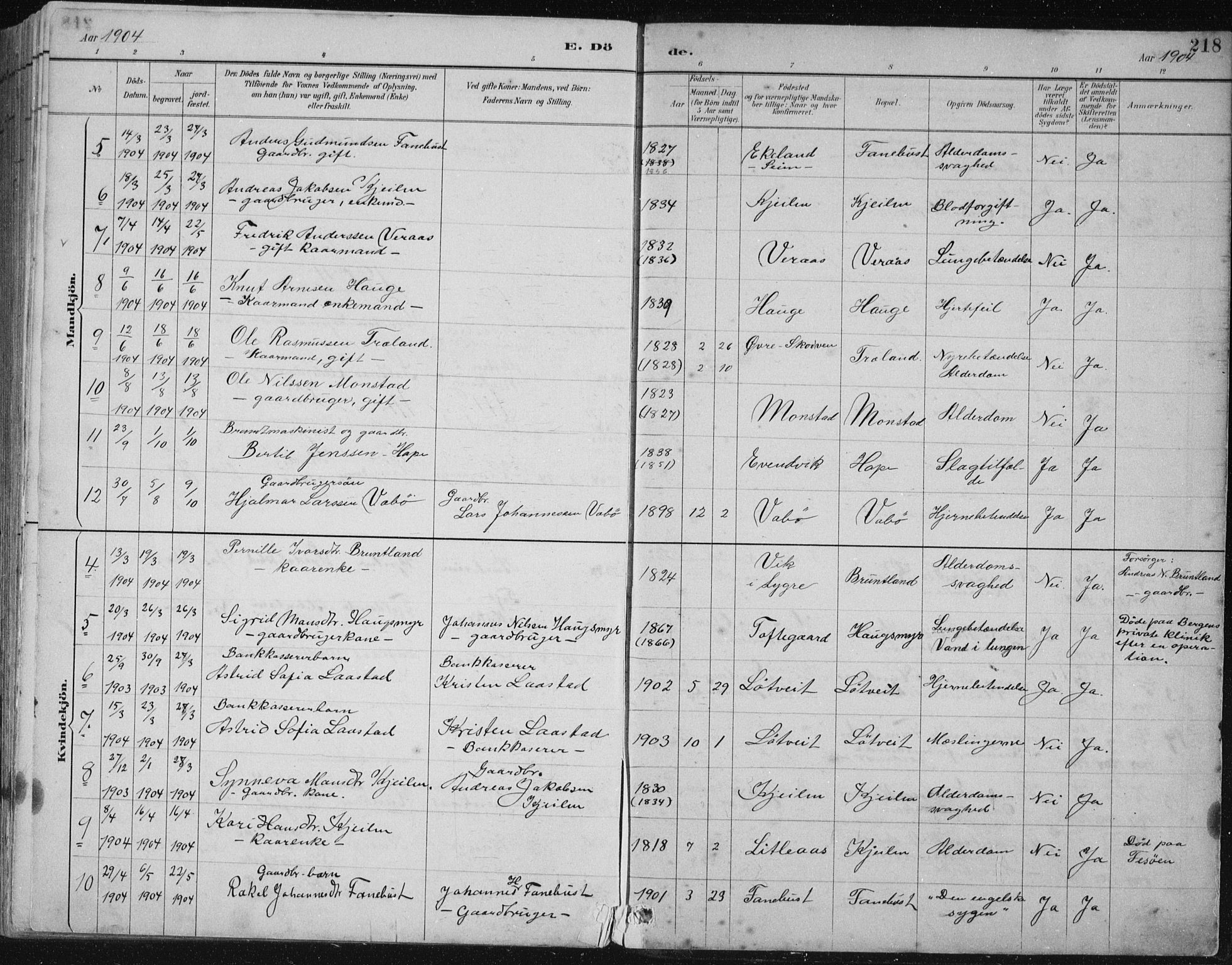 Lindås Sokneprestembete, SAB/A-76701/H/Hab: Parish register (copy) no. B 3, 1886-1914, p. 218