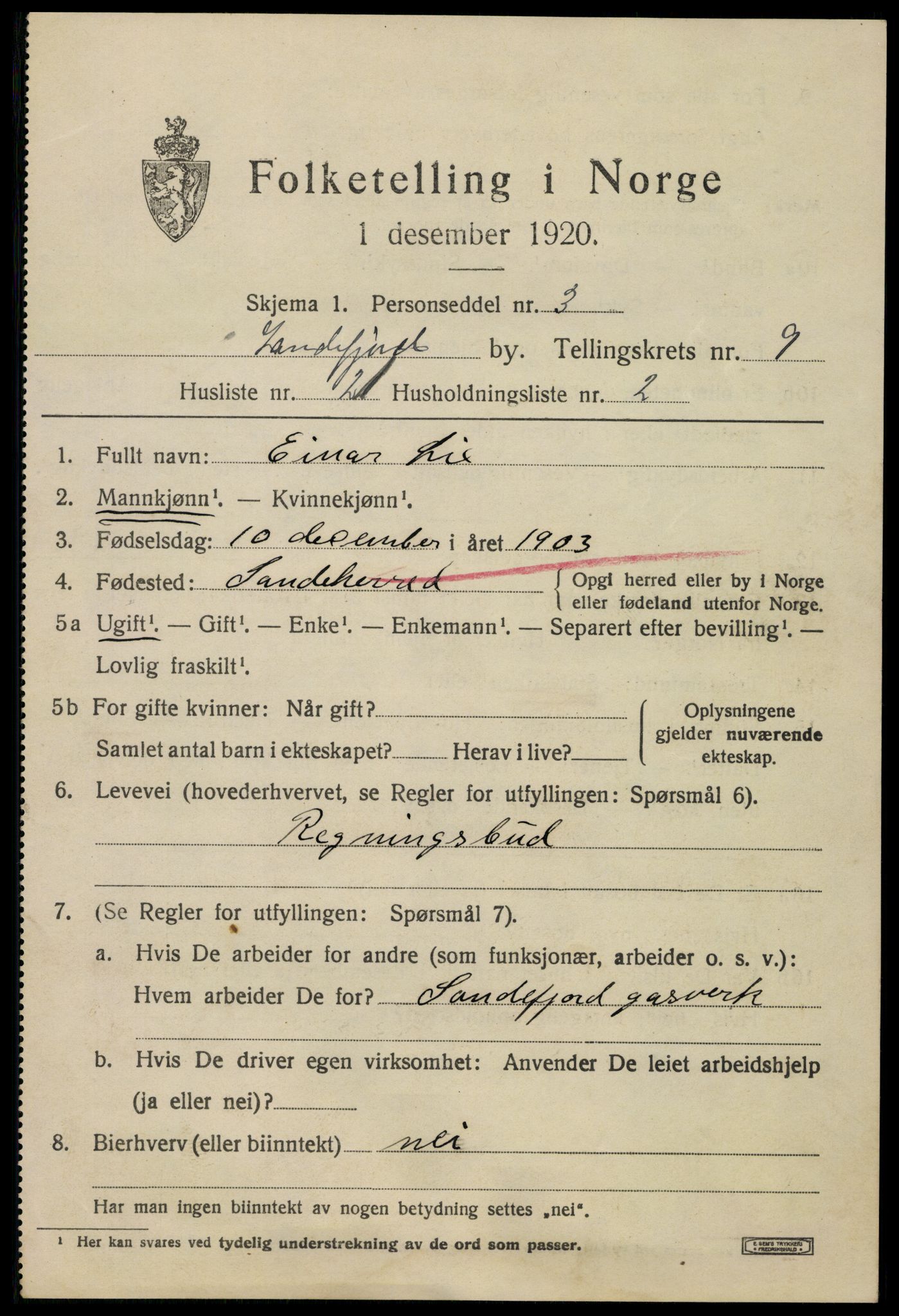 SAKO, 1920 census for Sandefjord, 1920, p. 13076