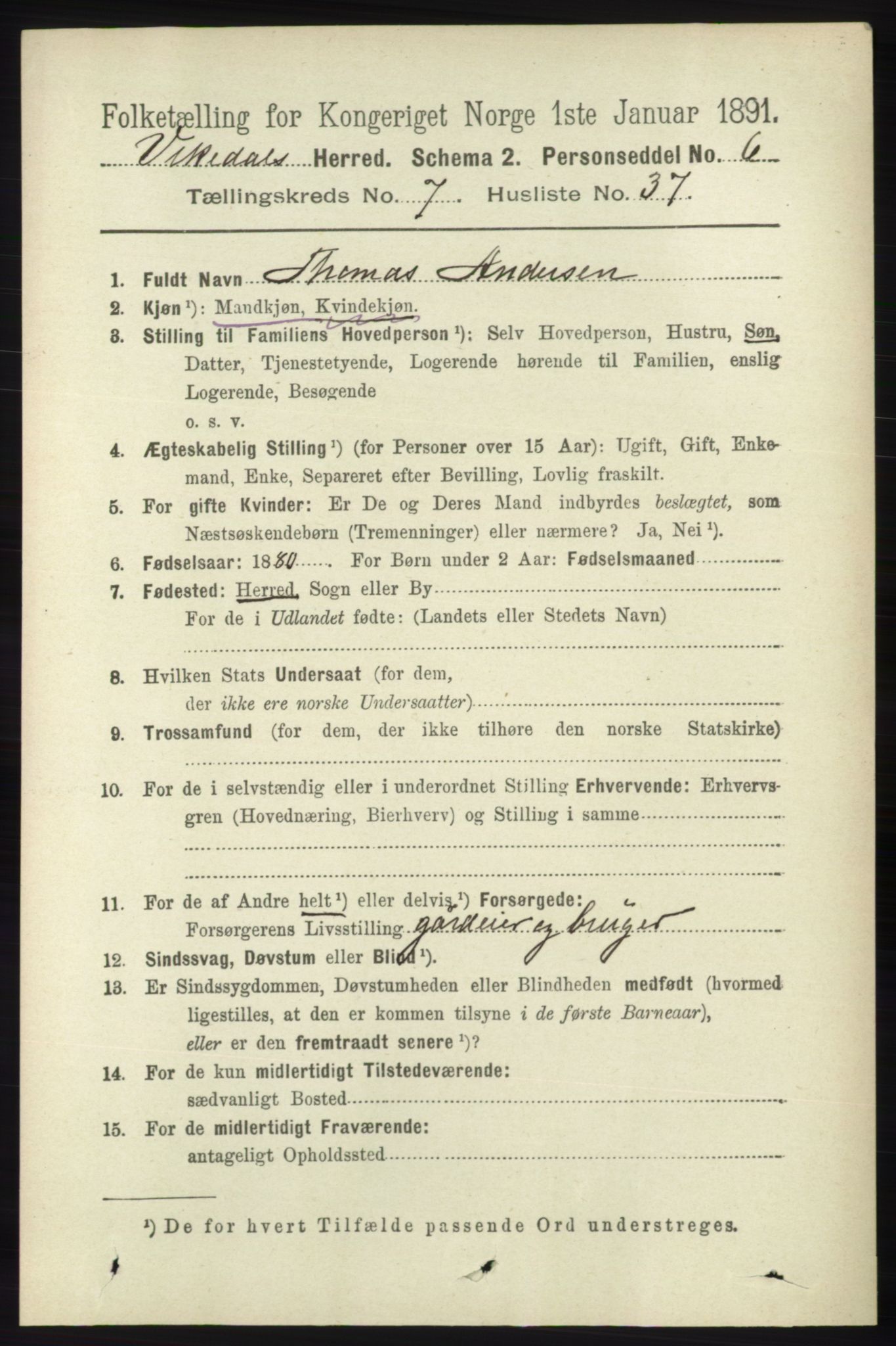 RA, 1891 census for 1157 Vikedal, 1891, p. 2191